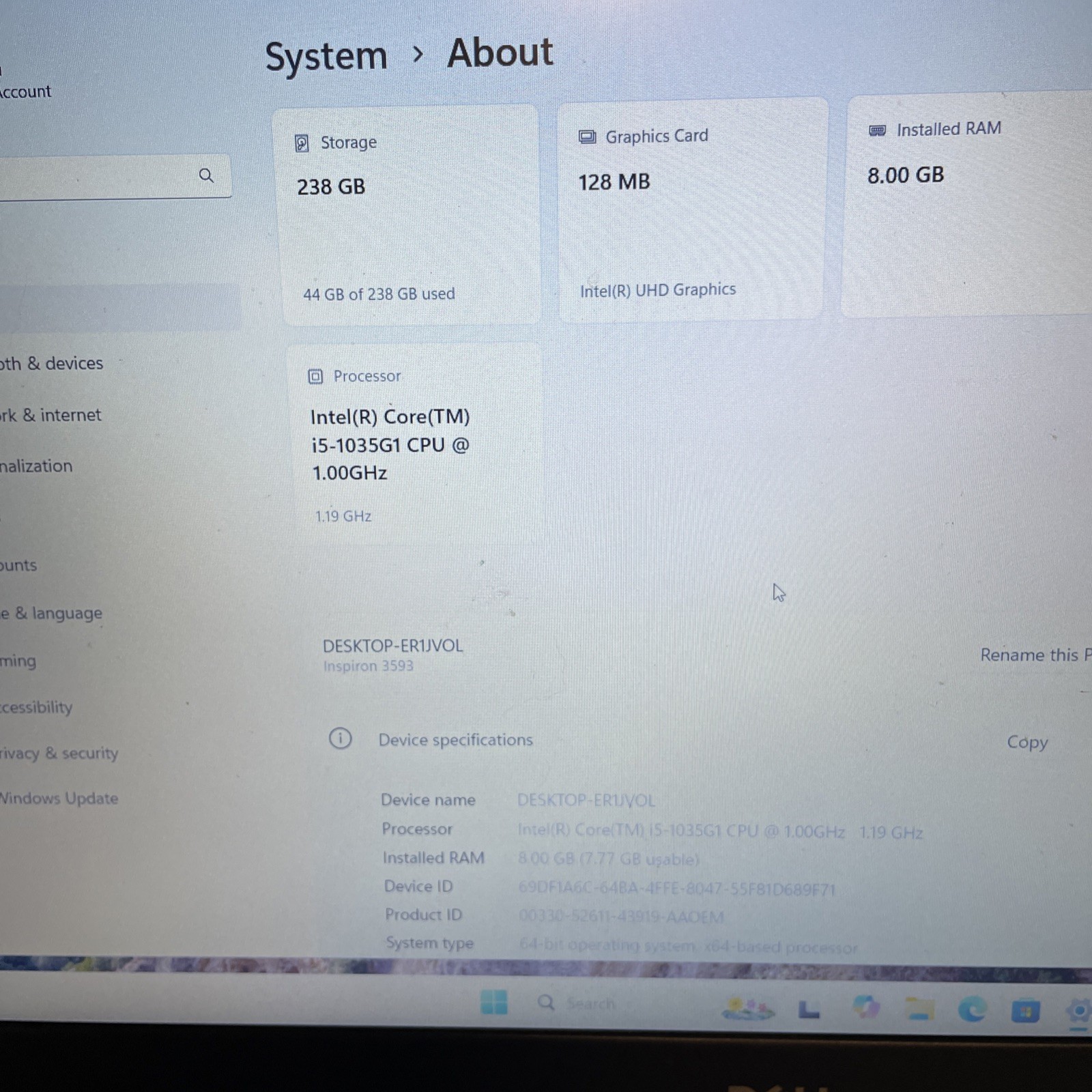 Dell Inspiron 15 3593 – 15.6″ Laptop – i5-1065G7 8GB RAM 256GB SSD – Windows 11