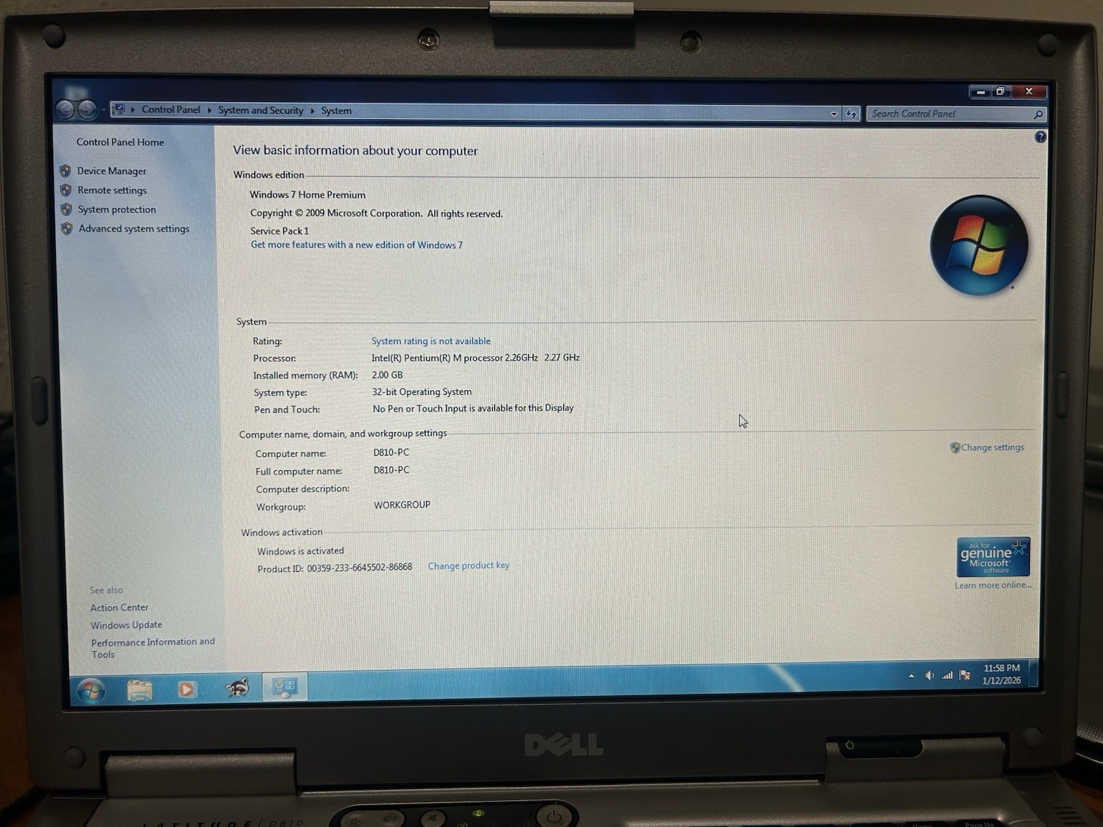 Dell Latitude D810 Pentium M 2.26 GHz 2 GB RAM 80 GB HD Windows 7 Home with AC