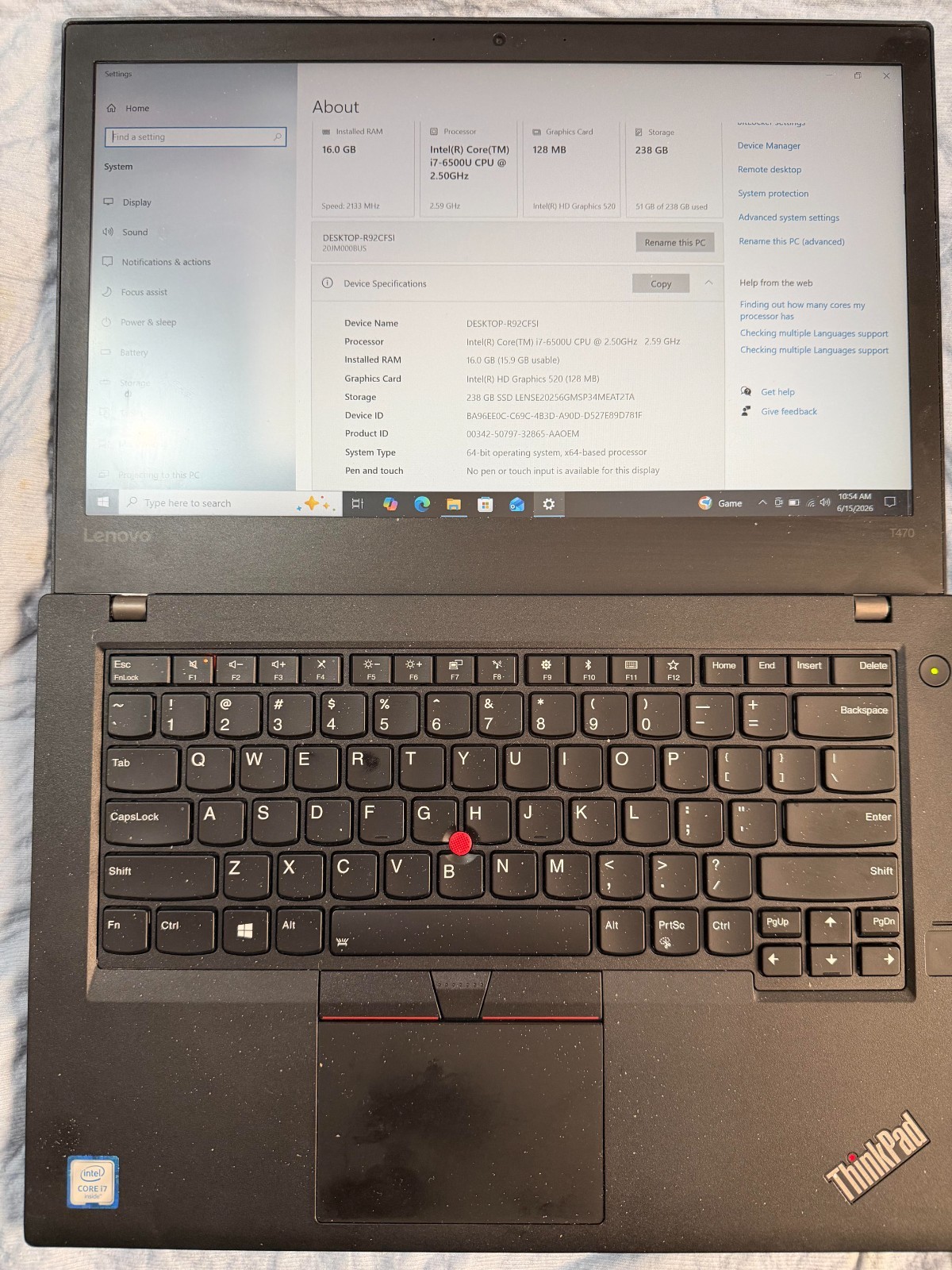 lenovo thinkpad t470s i7 16 gigs ram 256 hard drive Windows 10 pro