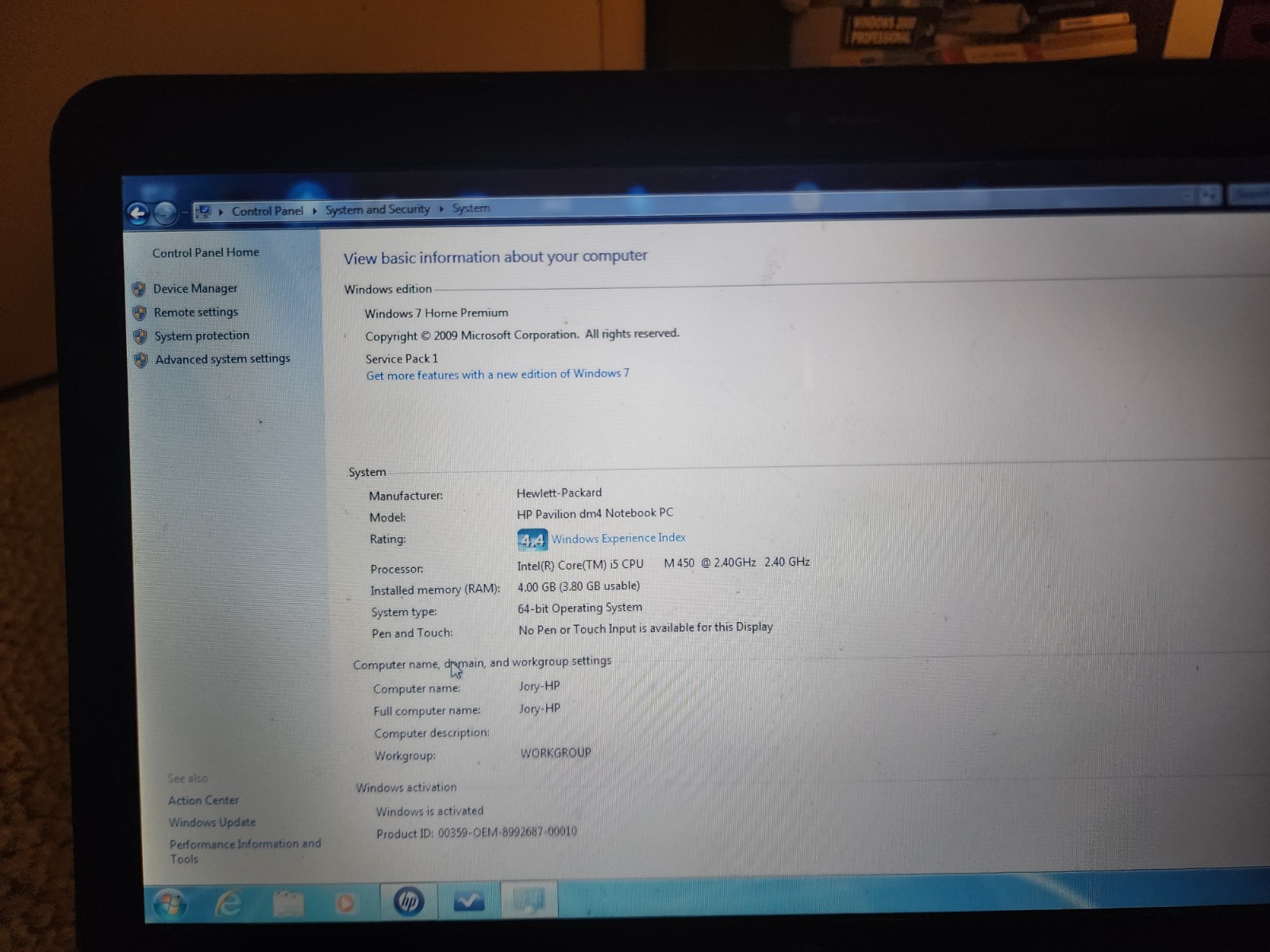 HP PAVILION DM4 4GB RAM 500GB HDD I5-m450@2.40ghz 4gb Ram WIN 7, NO BATTERY Read