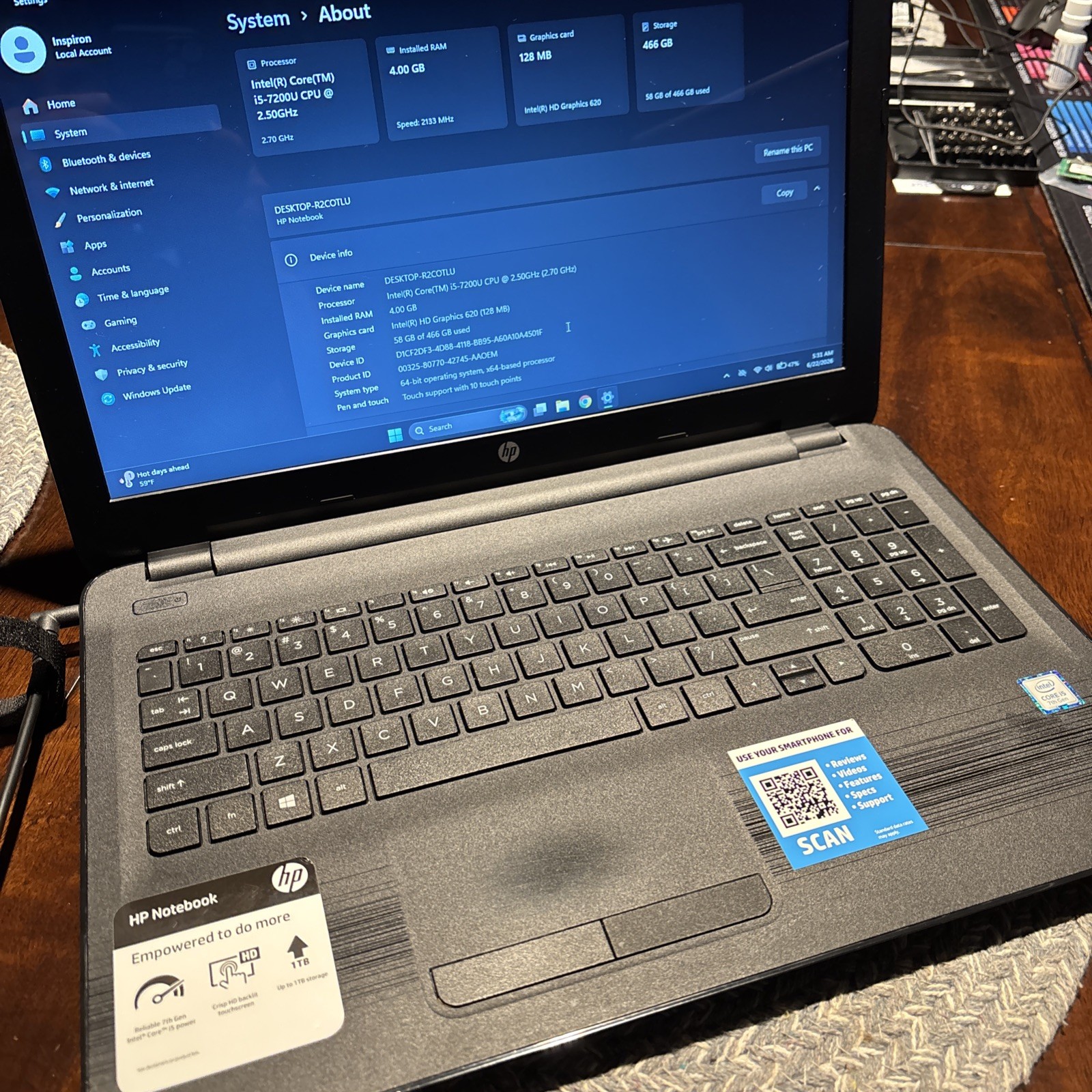 HP 15-AY103DX i5-7200U 4GB RAM *AS IS/GOOD BATTERY/500HDD/ Win 11