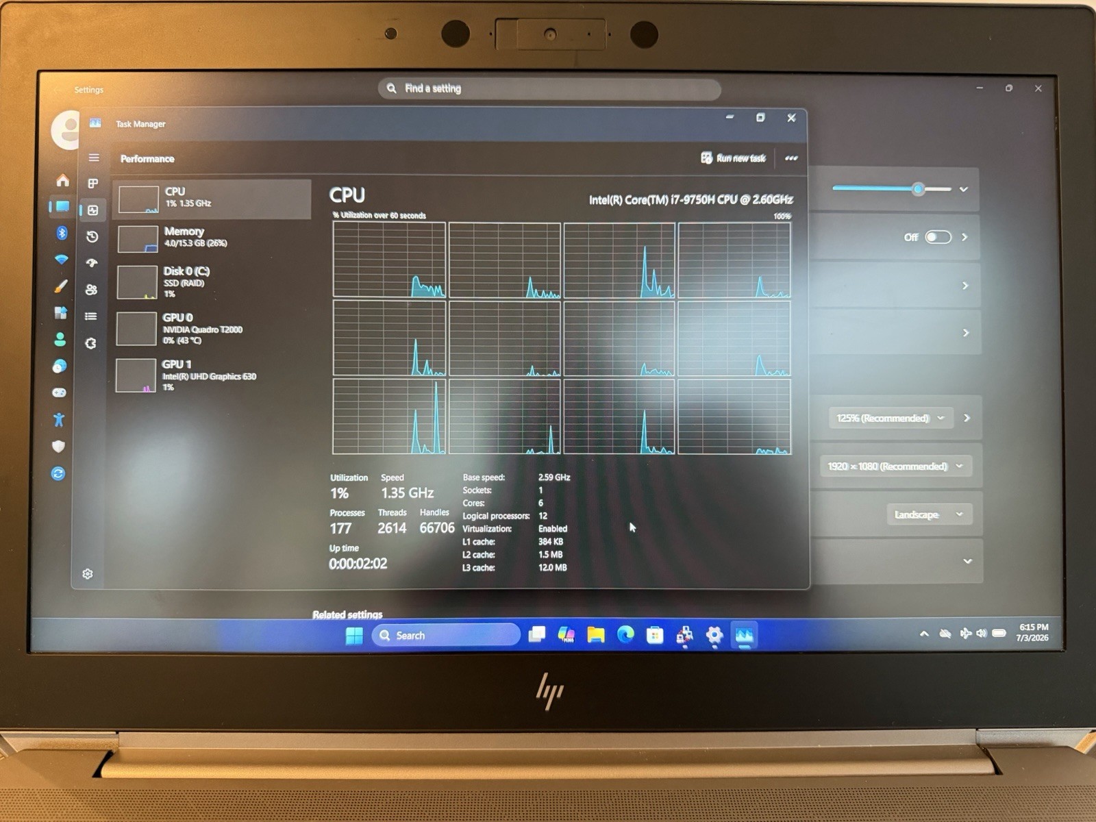 HP ZBOOK 15 G5 INTEL CORE I7-9750H 16GB RAM 256GB NVME QUADRO T2000 15IN WIN11