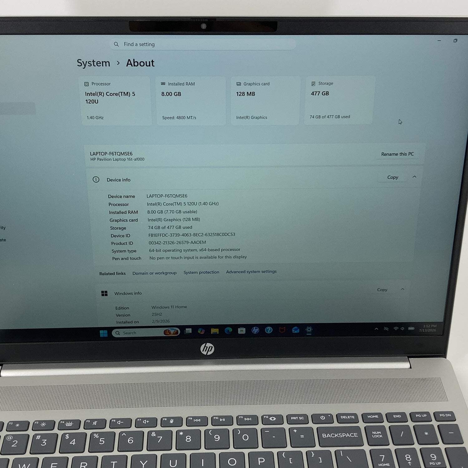 HP Pavilion 16T-AF000 16″ Core 5 120U 1.4GHz 8GB RAM 512GB SSD
