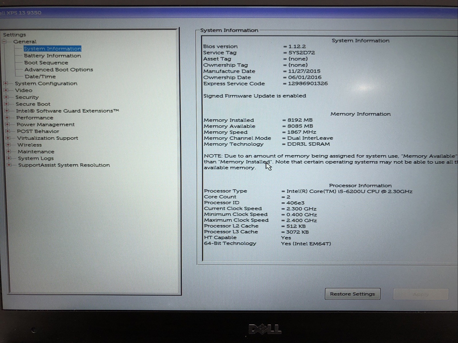 Dell XPS 13 9350, Intel Core i5-6200U @2.30Ghz, 8GB RAM, NO SSD/OS, Tested!
