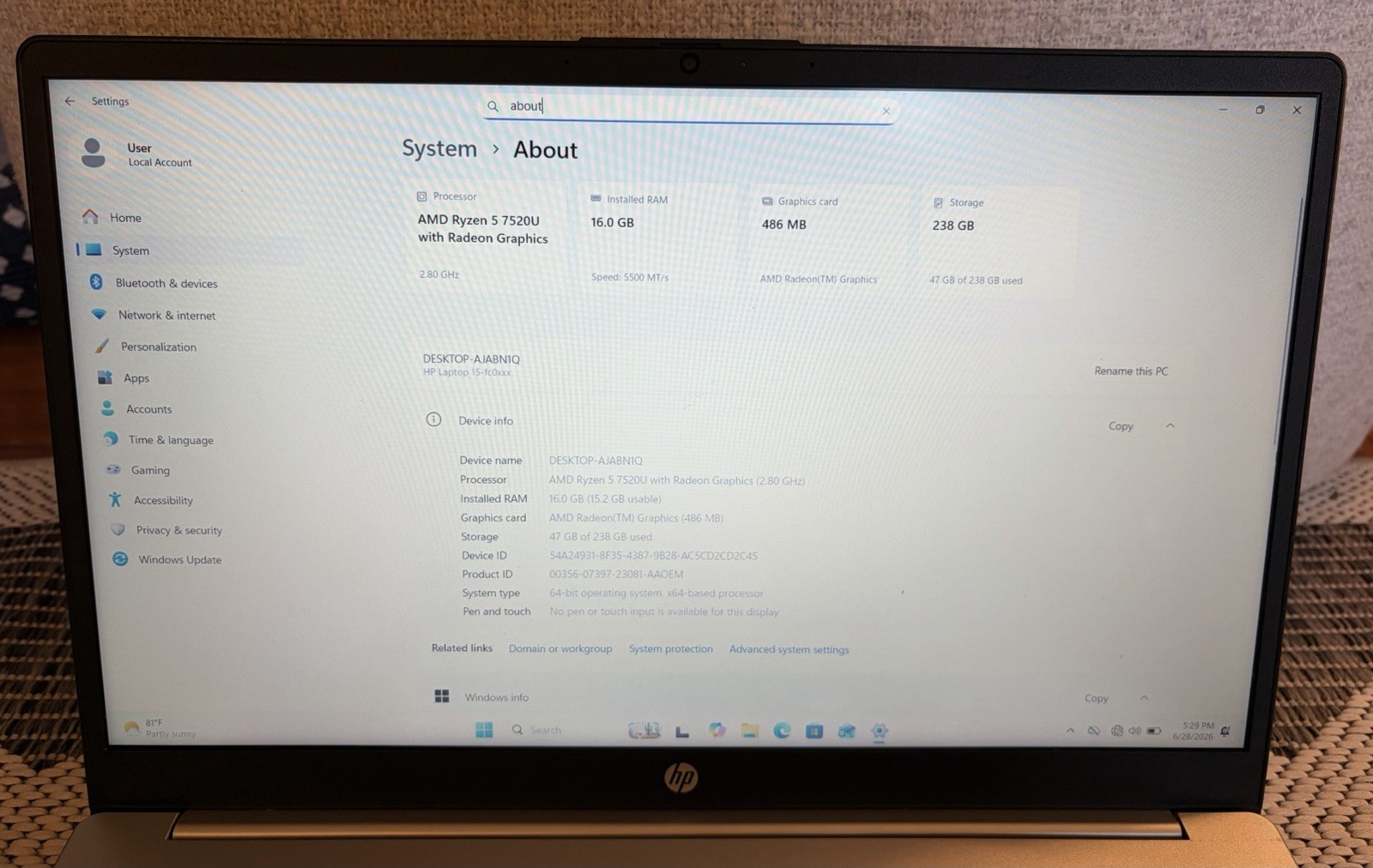 HP Laptop 15-FC0093DX 15″ | Ryzen 5 | 16GB RAM | 256GB SSD