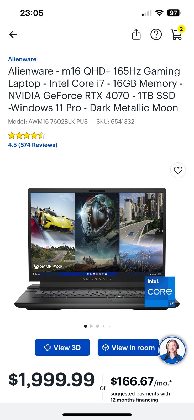 Alienware m16 16″ (1TB SSD, Intel Core i7-13700HX, 5.00GHz, 16GB RAM, NVIDIA…
