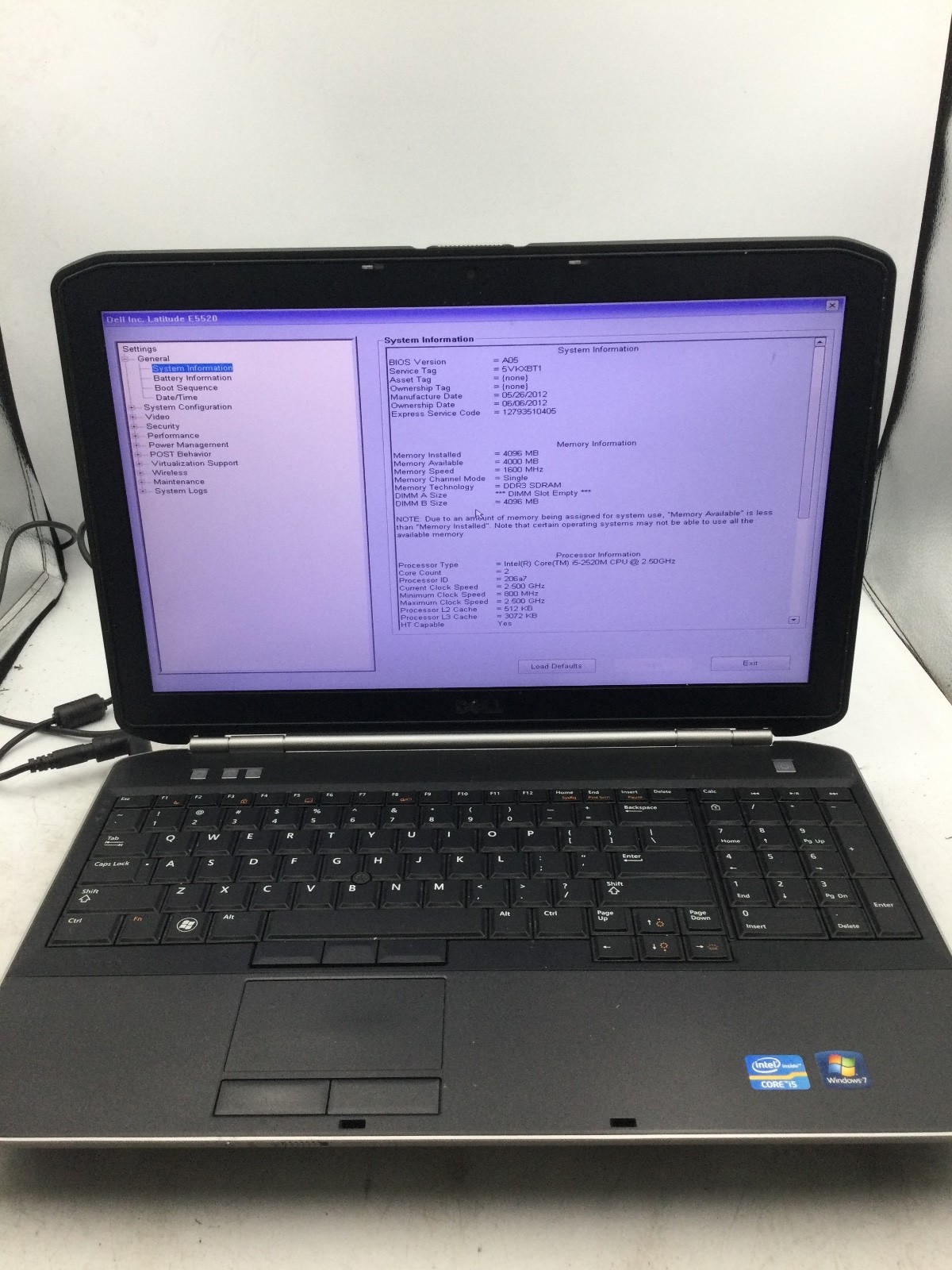 DELL LATITUDE E5520 – BOOTS TO BIOS – INTEL I5 2520 – NO RAM – 15″ – READ – BB!