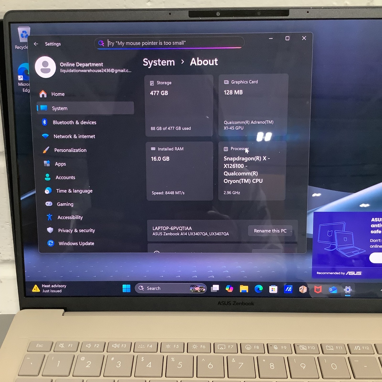 ASUS Zenbook A14 (UX3407Q) 14″ FHD+ OLED Snapdragon X Plus 16GB RAM 512GB SSD