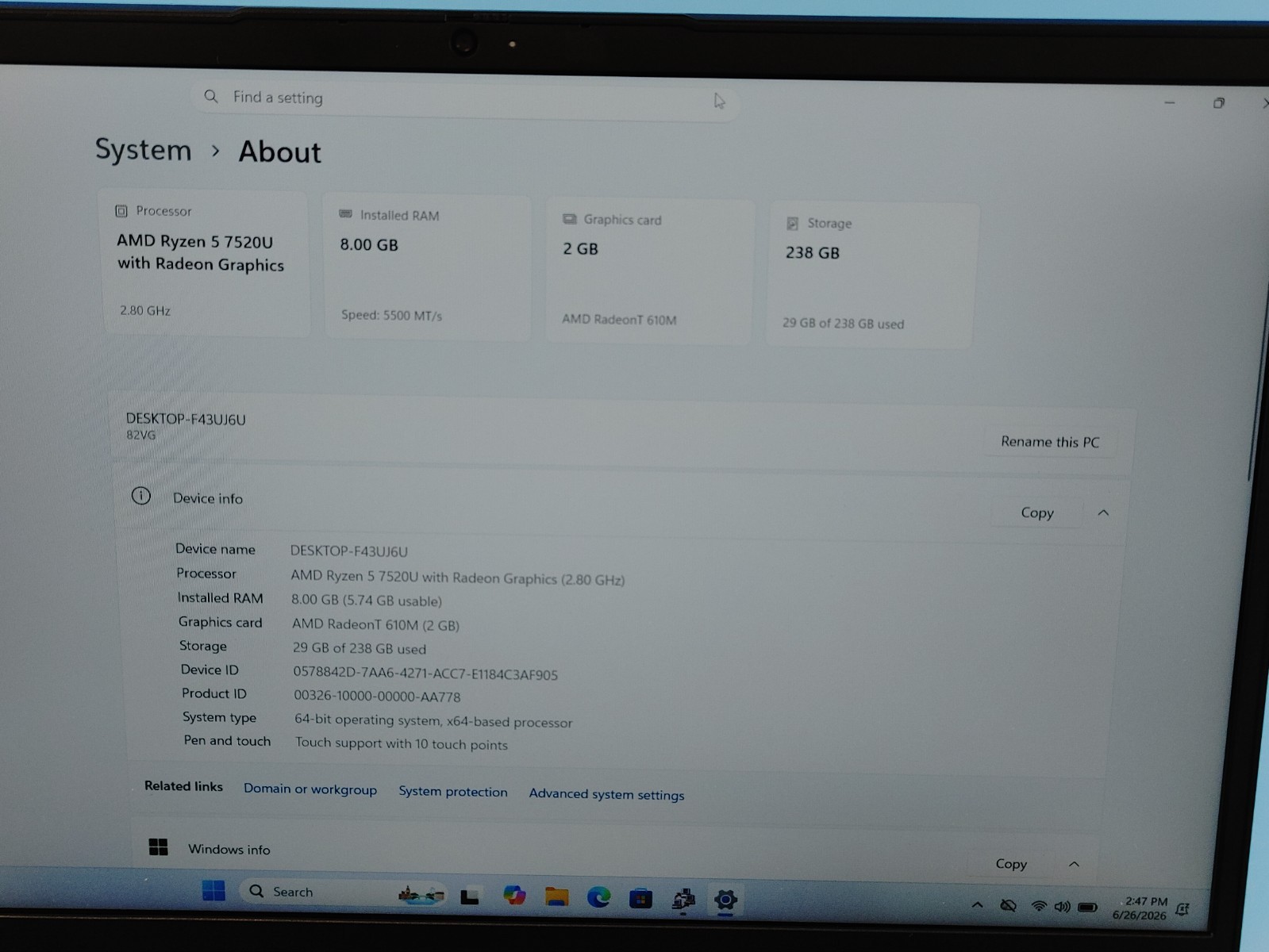 Lenovo IdeaPad 1 15AMN7 15.6″ Ryzen 5 7520U 8GB 256GB SSD Windows 11 Home