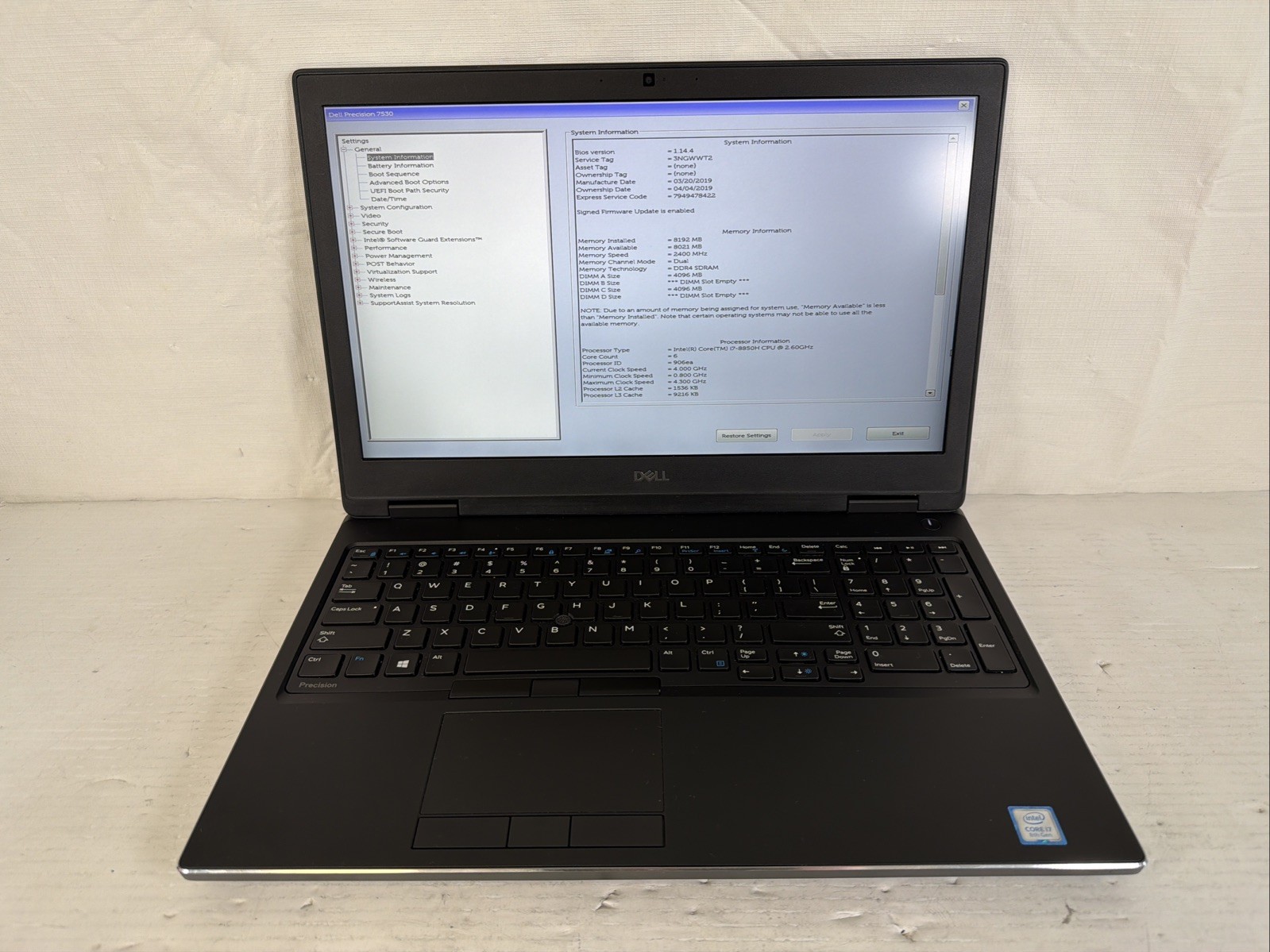 Dell Precision 7530 Intel i7-8850H 8GB NO SSD/OS Quadro P2000 15.6″ Excel Batt