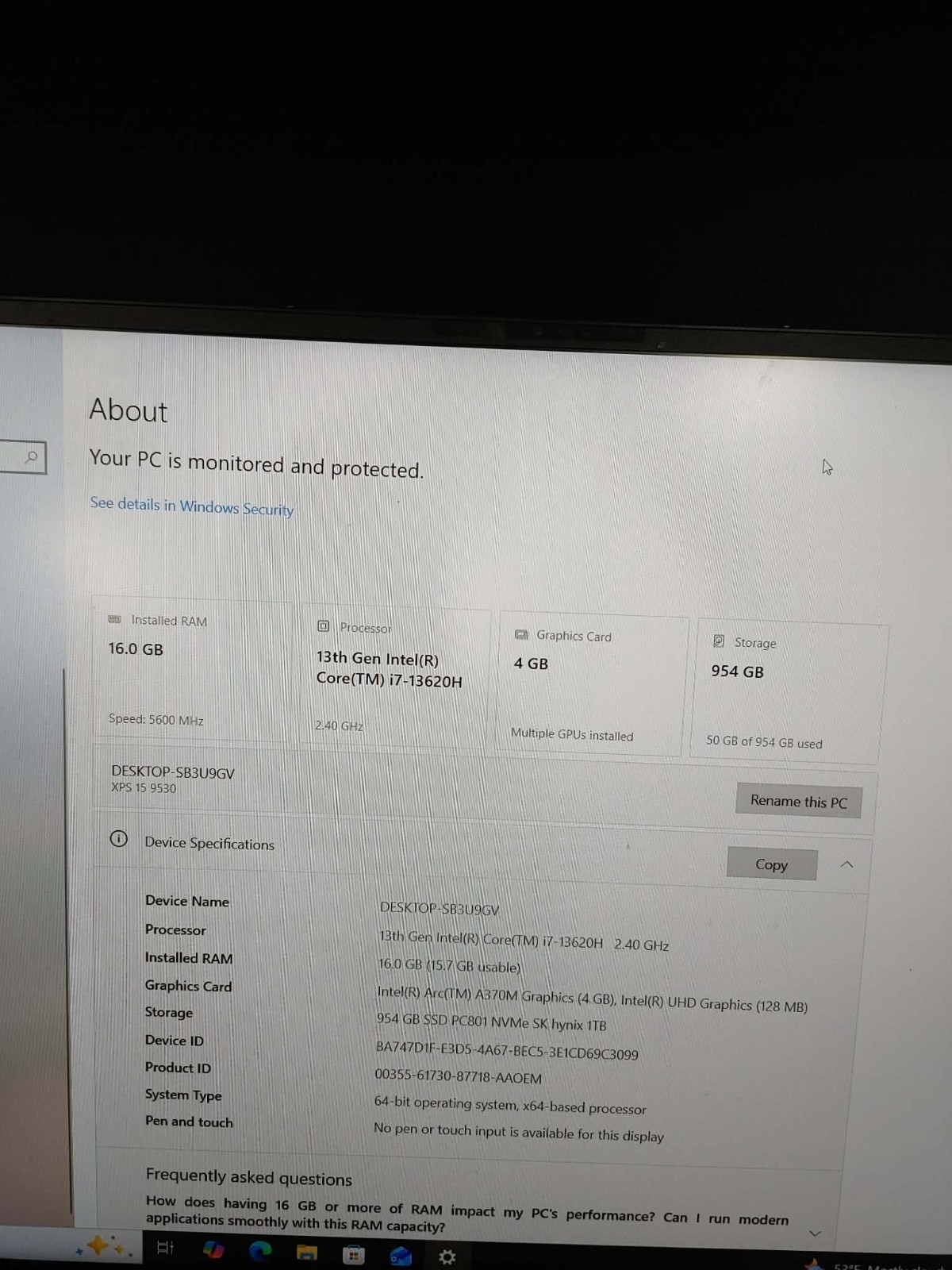 Dell XPS 8W3TM i7-13620H 2.40Hz 16GB DDR5 RAM 1TB SSD ARC A370M 4GB 15.6″ FHD+