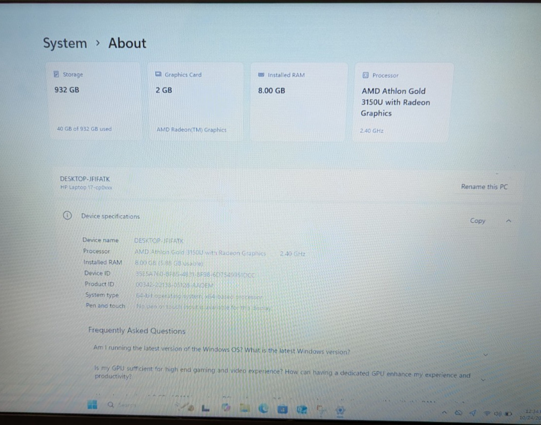 HP 17″ HD Laptop, AMD Athlon Gold 3150U, 8GB RAM, 1TB SSD, HDMI, Win 11