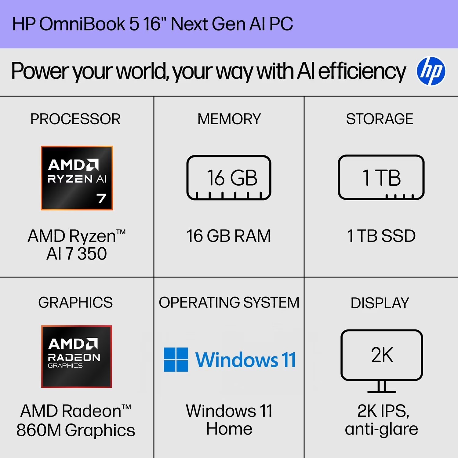 HP OmniBook 5 Laptop AMD Ryzen AI 7 350 AMD Radeon 860 Graphics 16GB RAM 1TB SSD