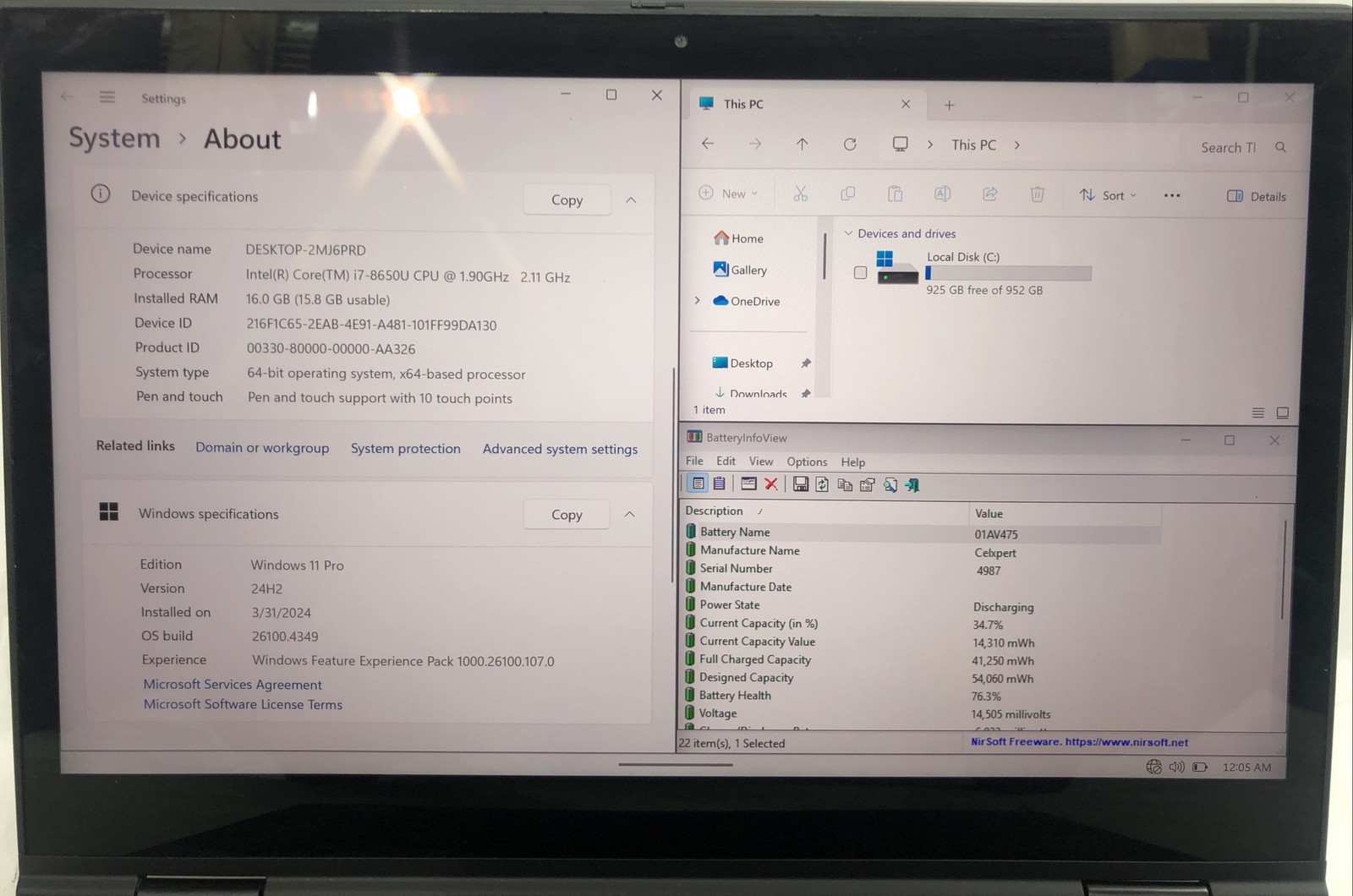 Lenovo Thinkpad X1 Yoga, Intel Core i7-8650U @1.90 GHz, 16 GB RAM 950GB W 11