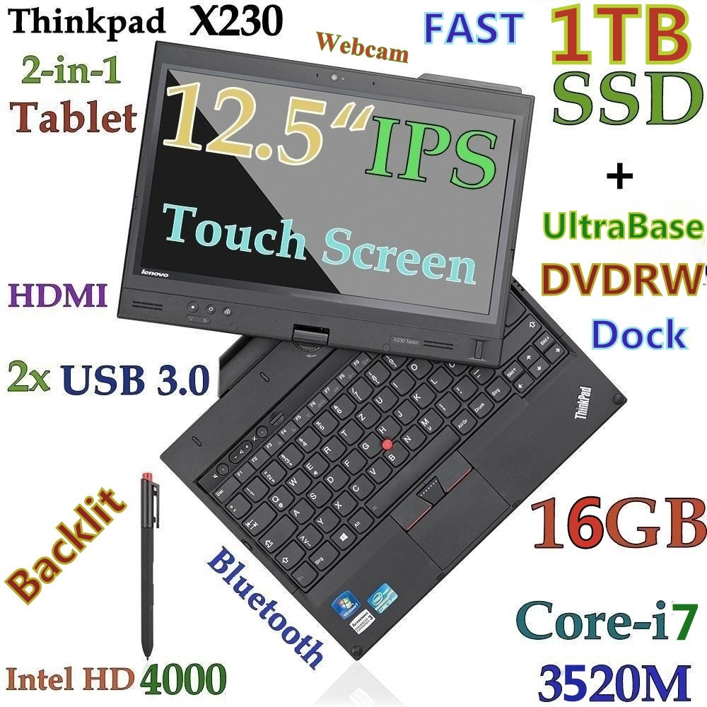 Lenovo Thinkpad X230 TABLET Touch 12.5″ Core-i7 1TB SSD 16GB USB-3.0 + Dock-DVD
