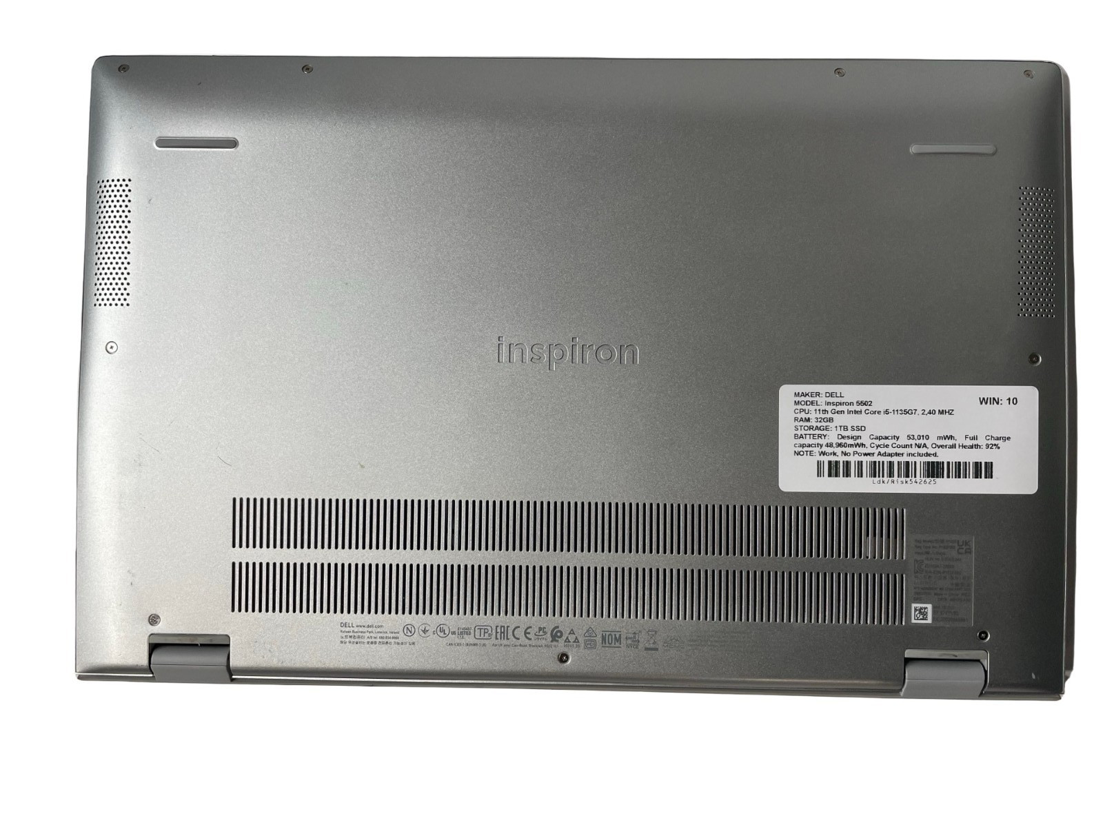 Dell Inspiron 5502 Laptop Intel i5-1135G7 32GB 1TB SSD WIN 10, W/OUT AC