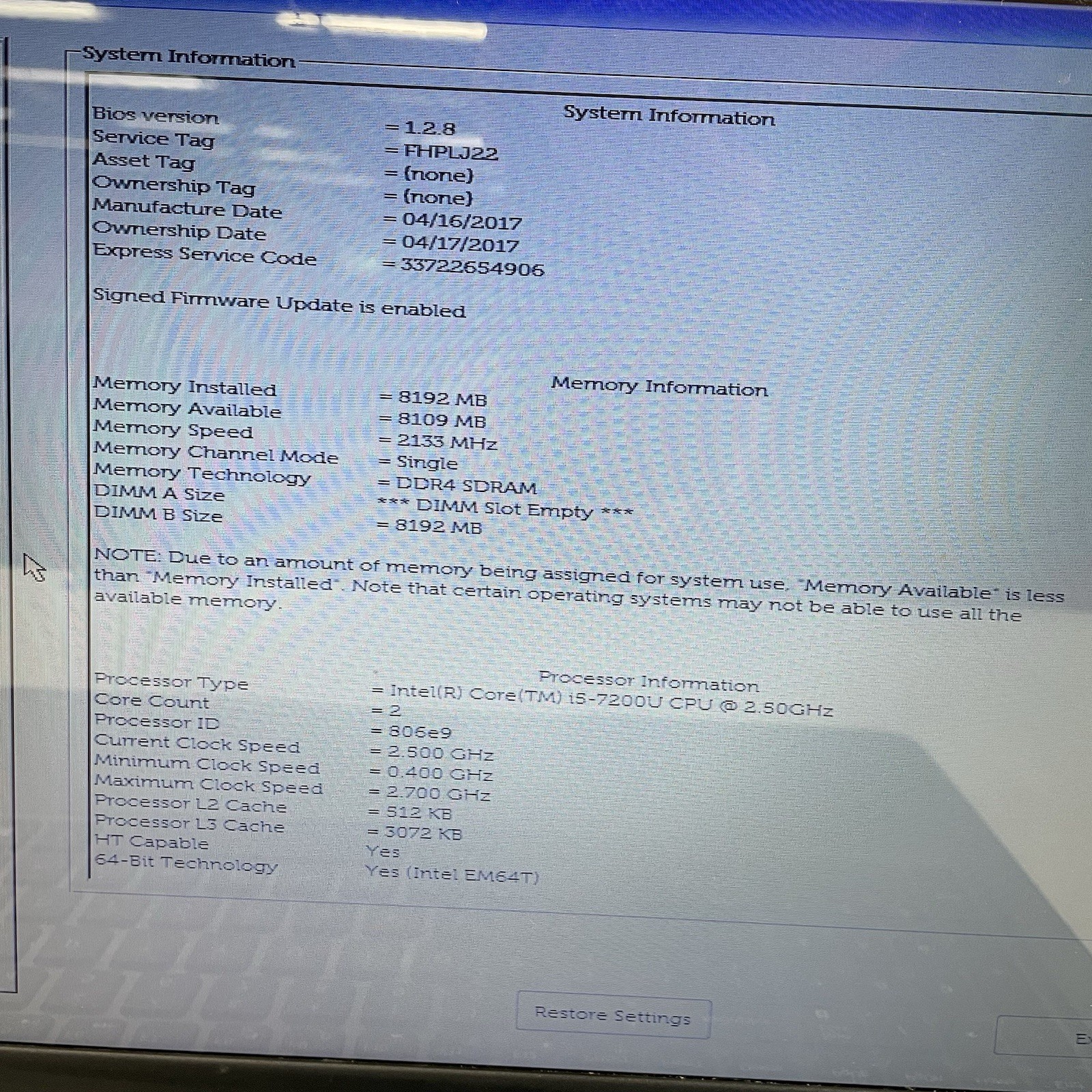 Dell Inspiron 5567 15.6″ i5-7200U 2.50 GHz 8 GB RAM No SSD/OS/AC