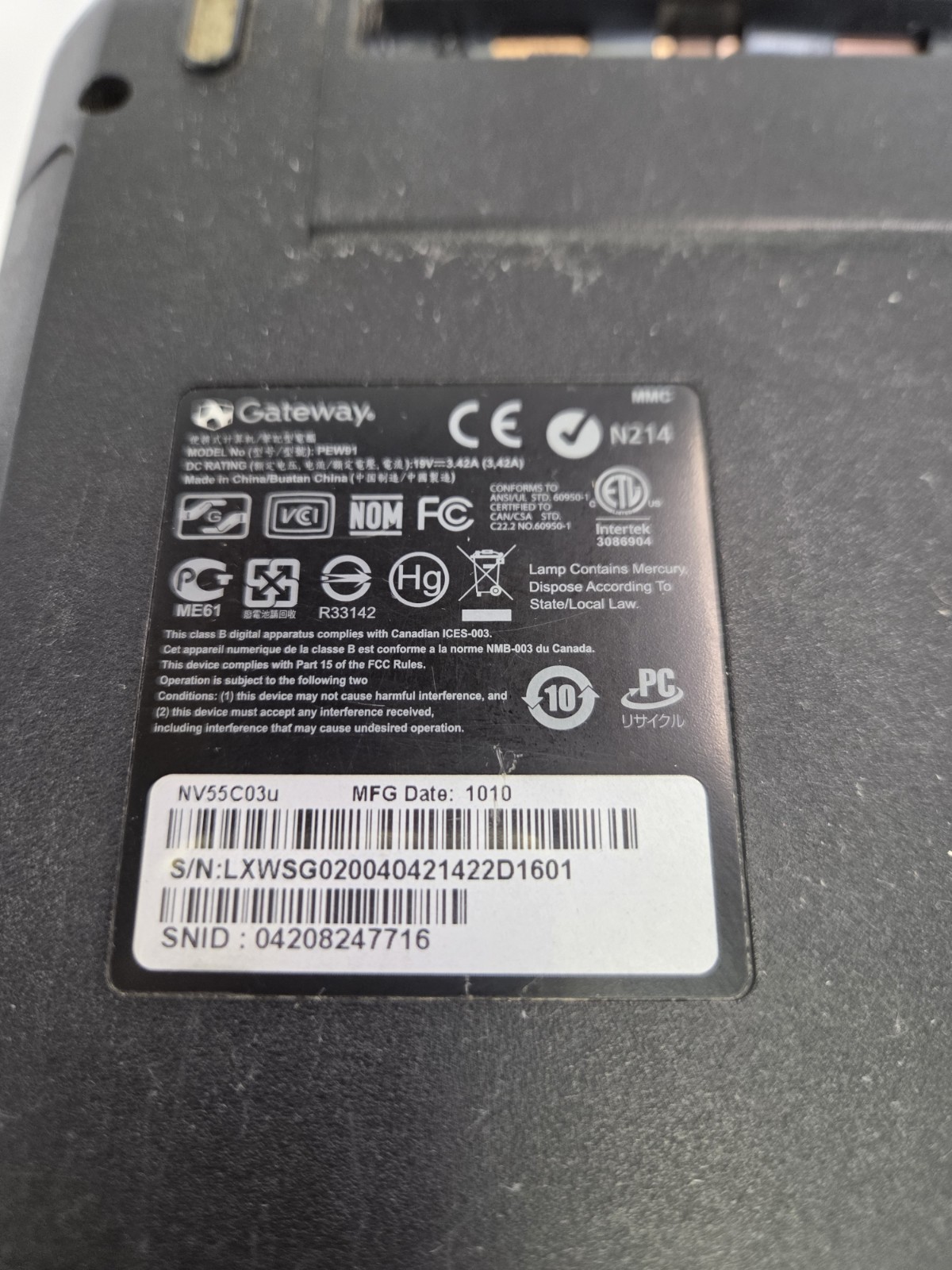 Gateway PEW91 – NV55C03u – 15.5” Laptop – UNTESTED New Power Supply