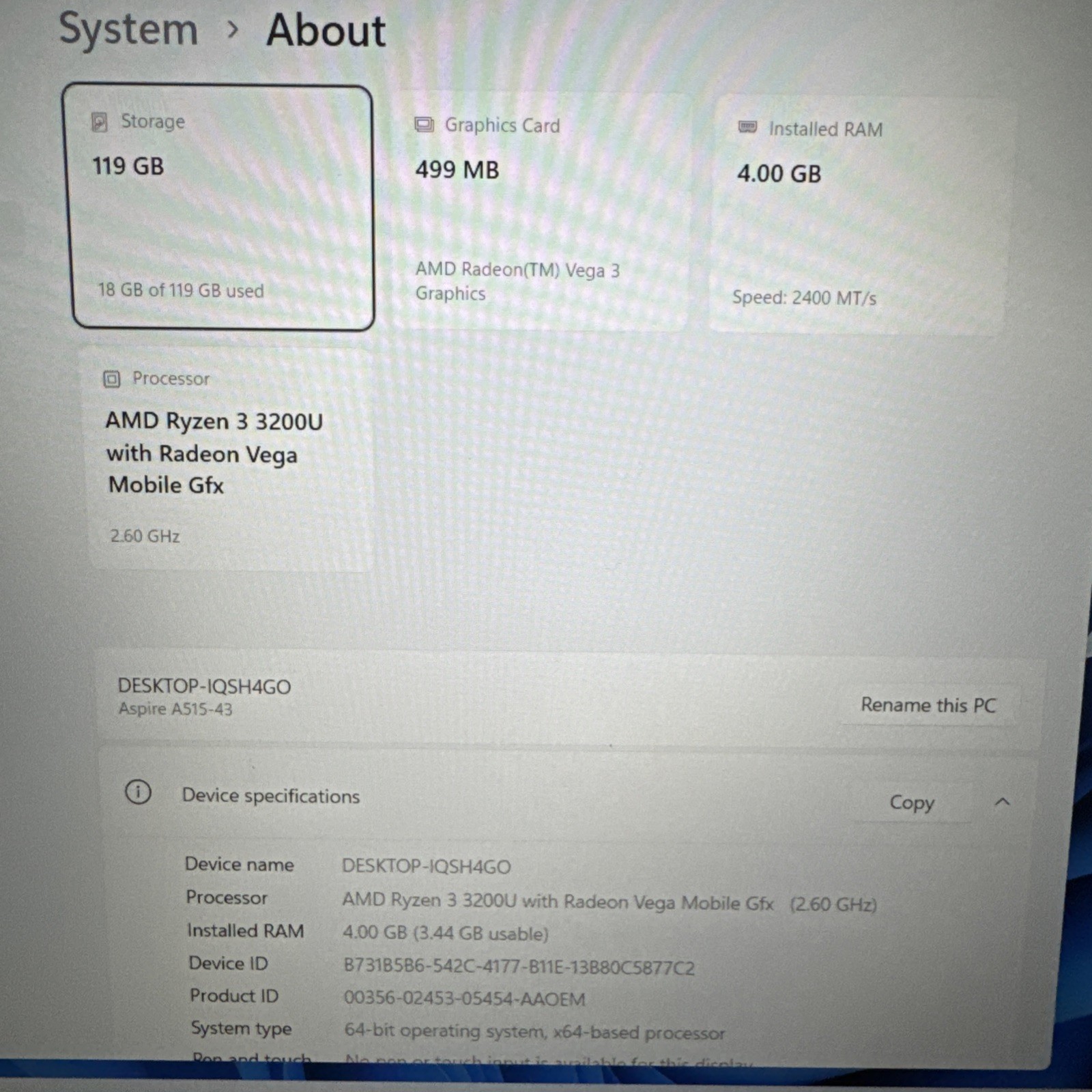 Acer Aspire 5 A515-43 Ryzen 3 3200U 4GB DDR4 RAM 128GB WIN 11 *bad Trackpad