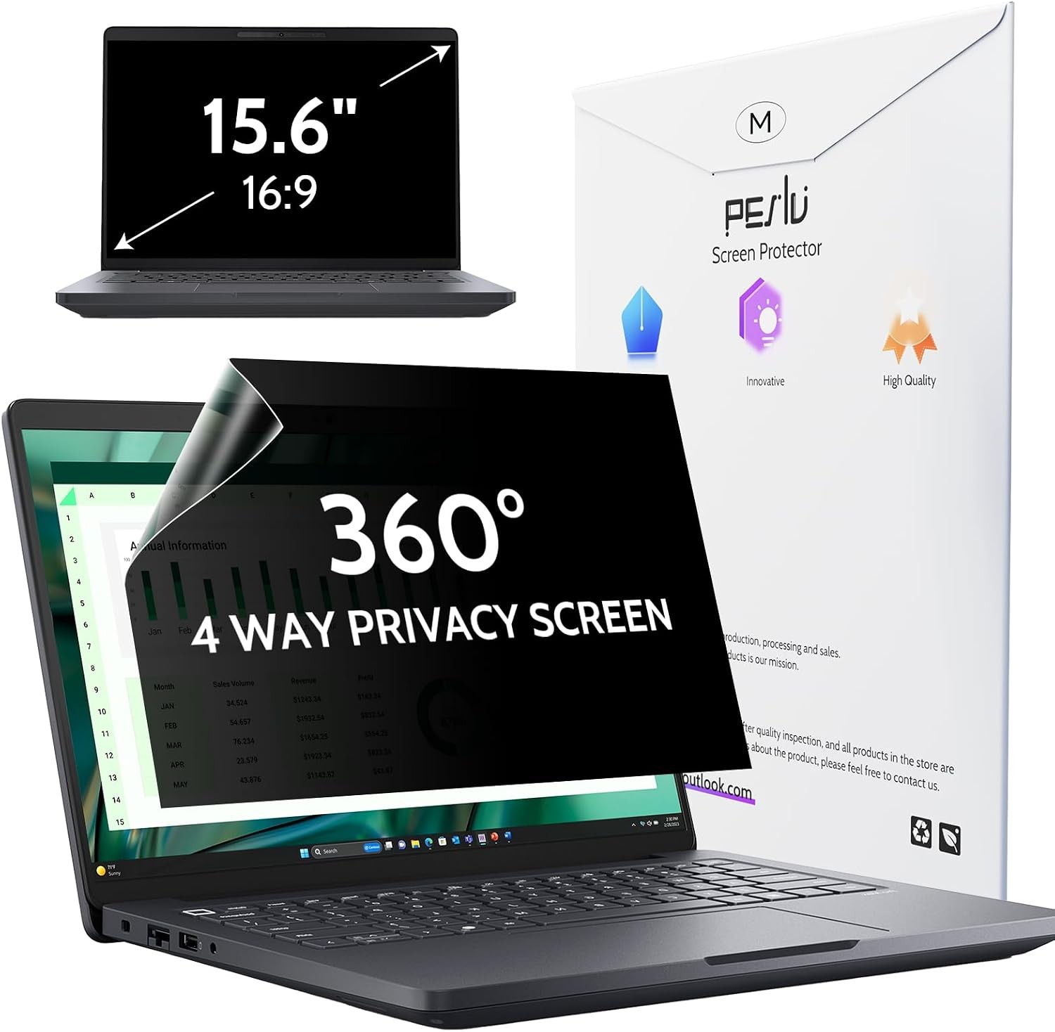360° 4 Way Laptop Privacy Screen for 15.6 Inch Computer Monitor, Anti Glare Filt