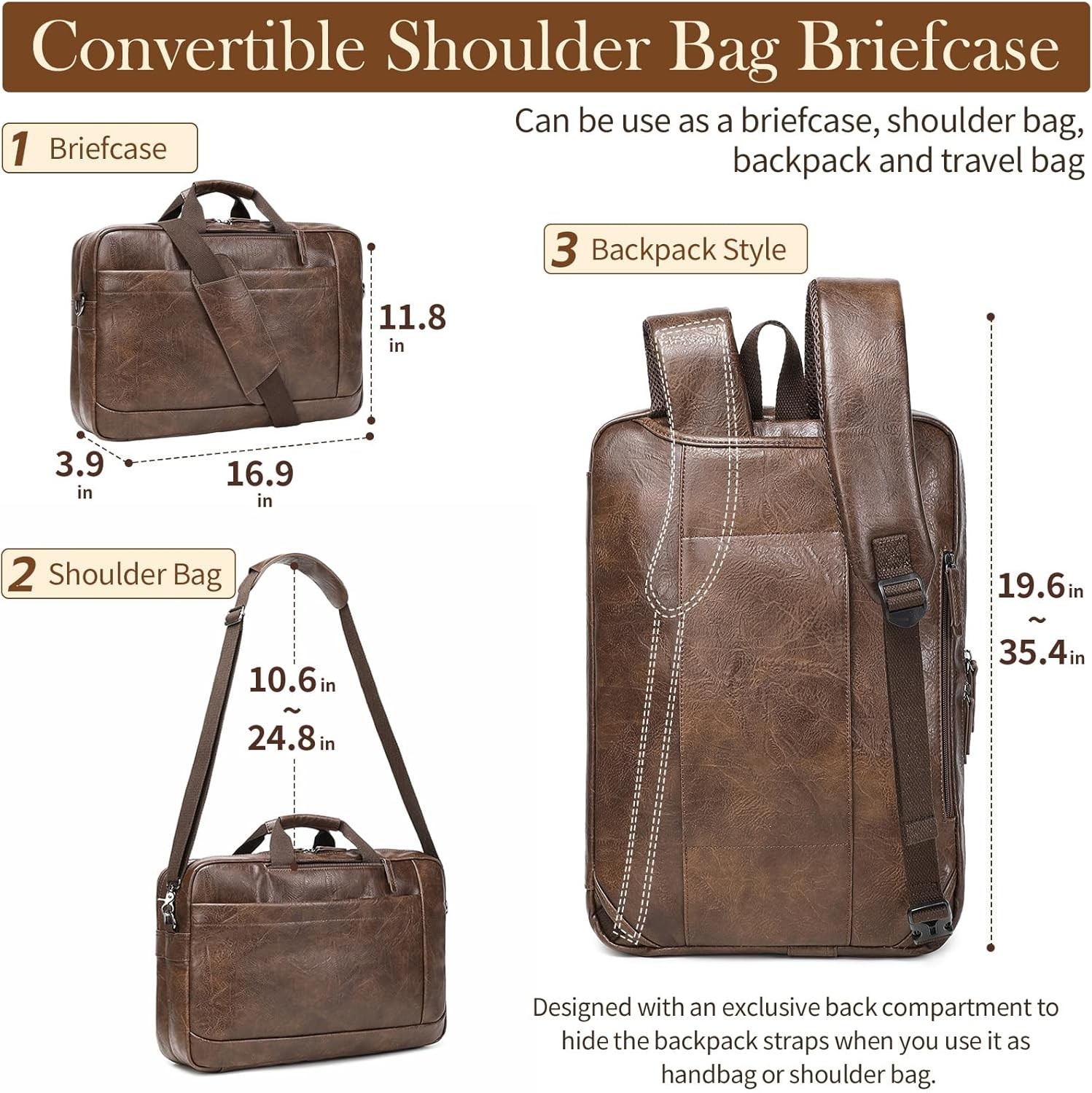 Faux Leather Messenger Bag for Men 17-17.3 Inch: Convertible 3 in 1 Backpack
