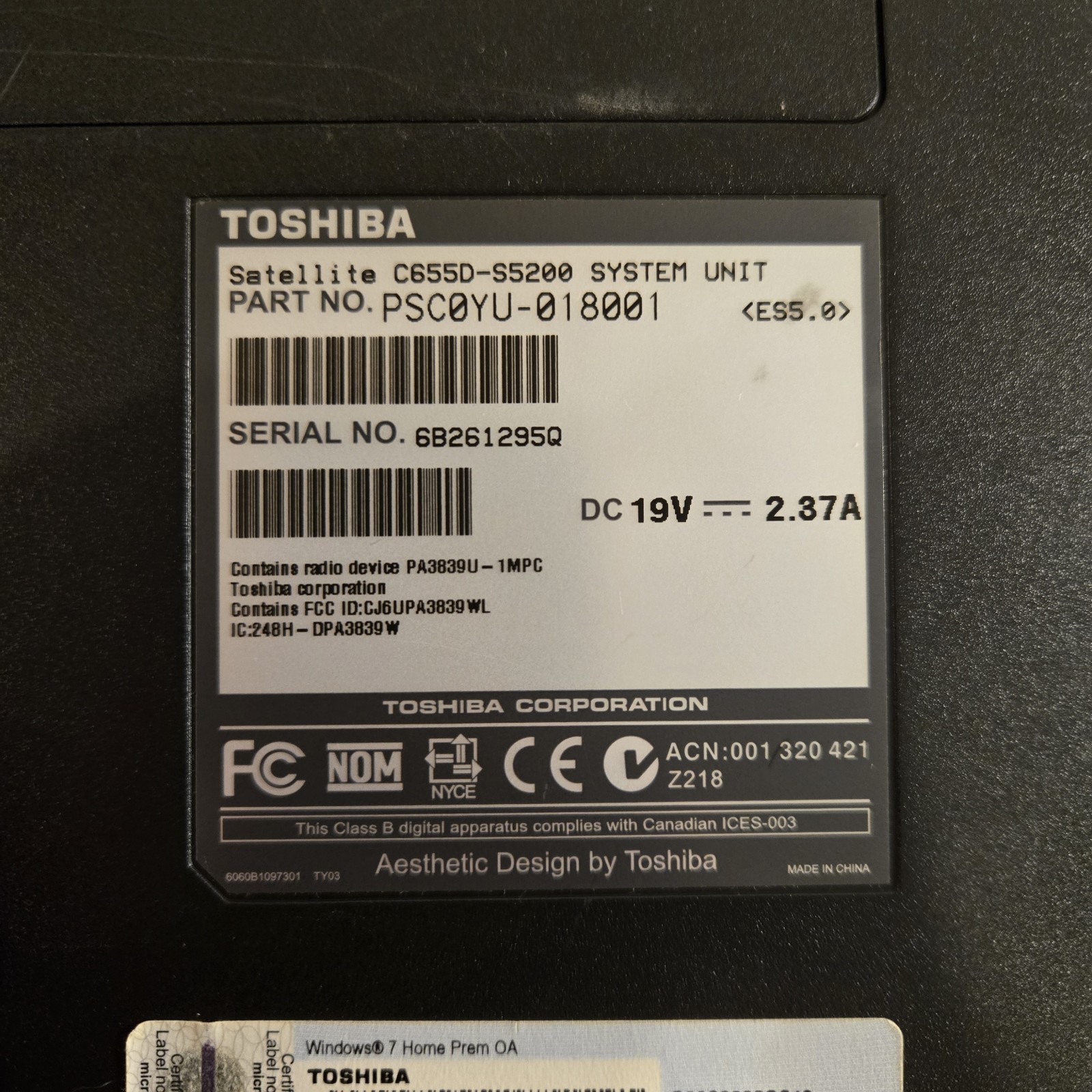 Toshiba Satellite C655D 15″ Laptop AMD C60 NO HDD/Battery/RAM/Power Cable WYSIWG