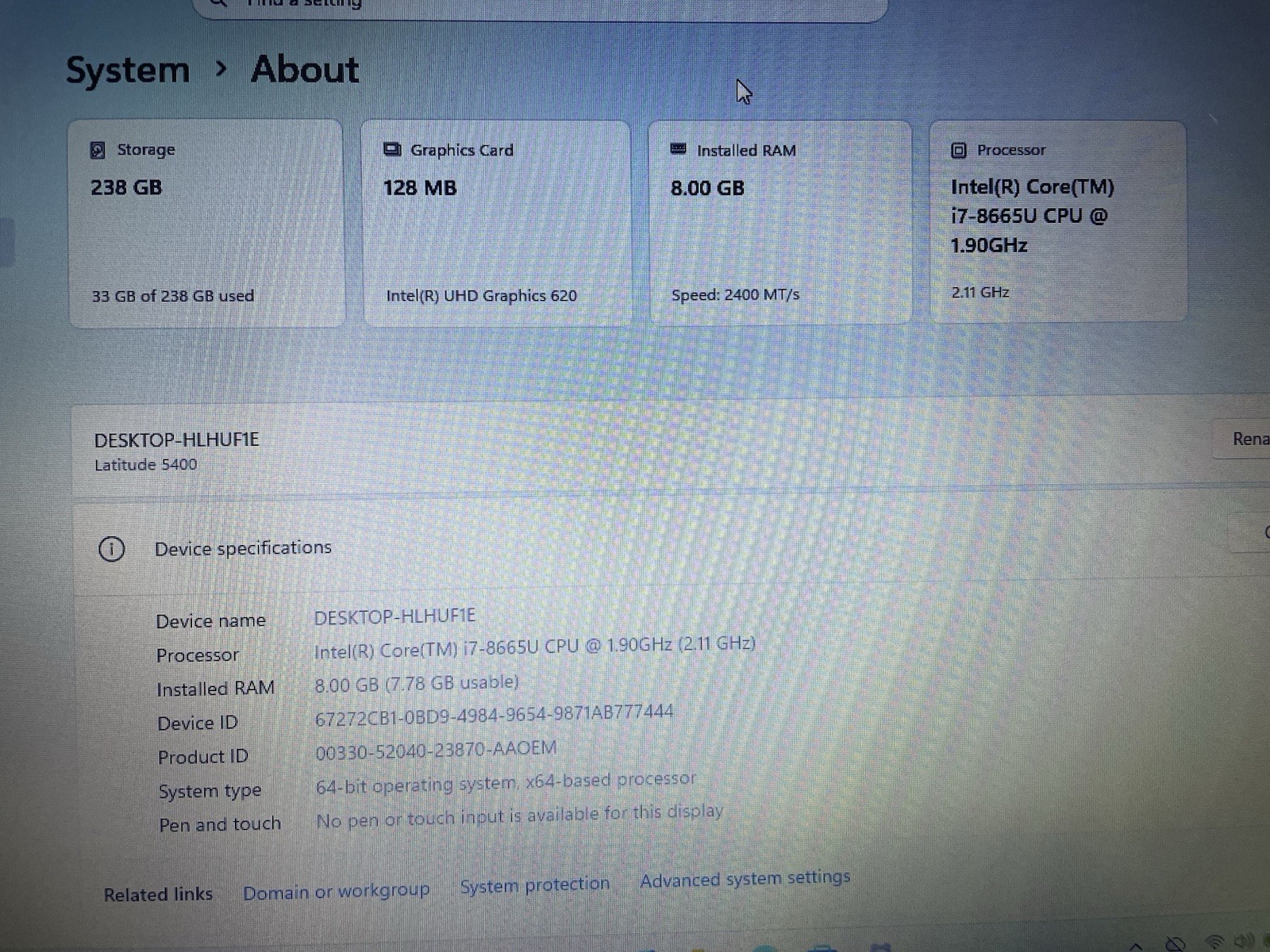 Dell Latitude 5400 256gb Nvme Win 11 i7-8665u 4 Core 2.11ghz 8gb RAM Webcam HDMI