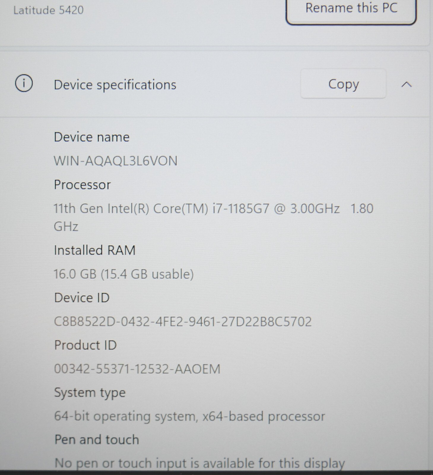 Dell Latitude 5420 Intel Core I7-1185G7 3.0GHz 256GB SSD 16GB RAM Windows 11 Pro