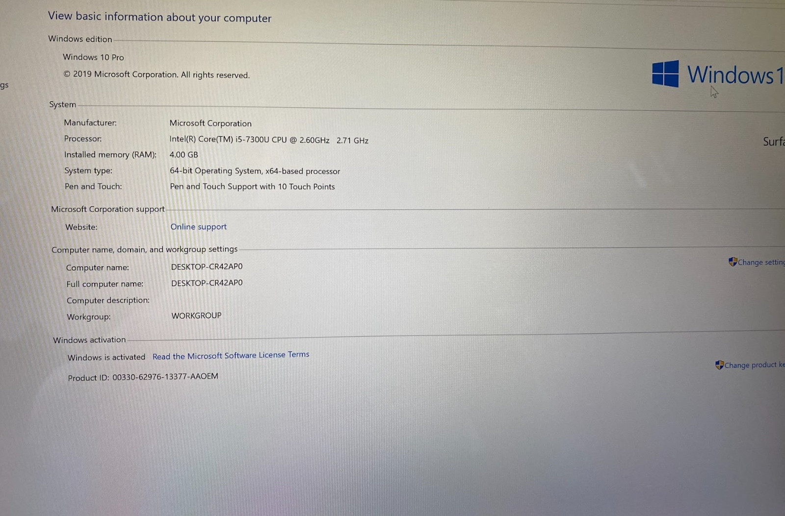 Microsoft Surface Pro ( 1796) Intel i5-7300U, 4GB RAM, 128GB SDD, Win 10+Case+Ch