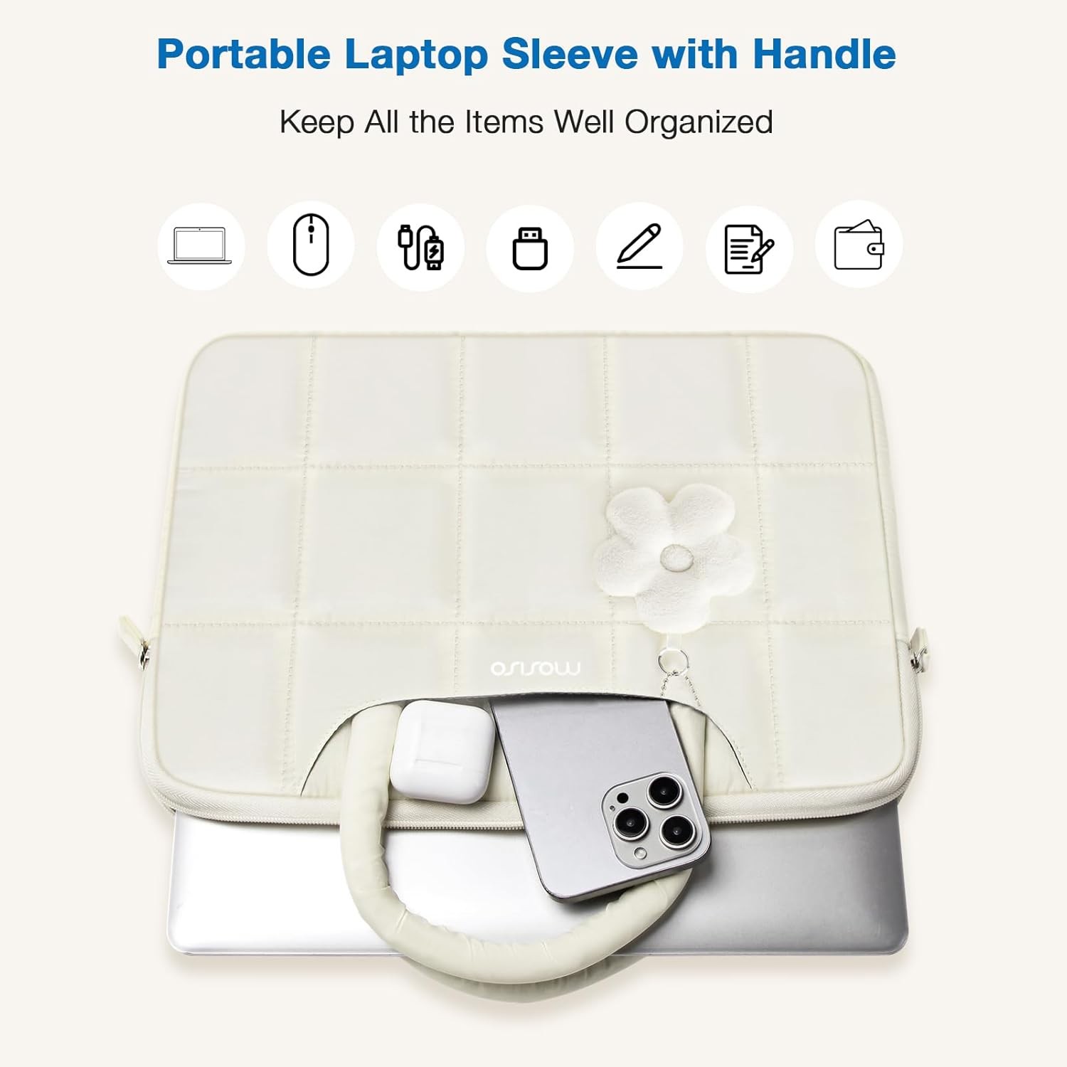Puffy Laptop Sleeve 13-13.3 inch with Handle & Flower Pendant, Sand Color