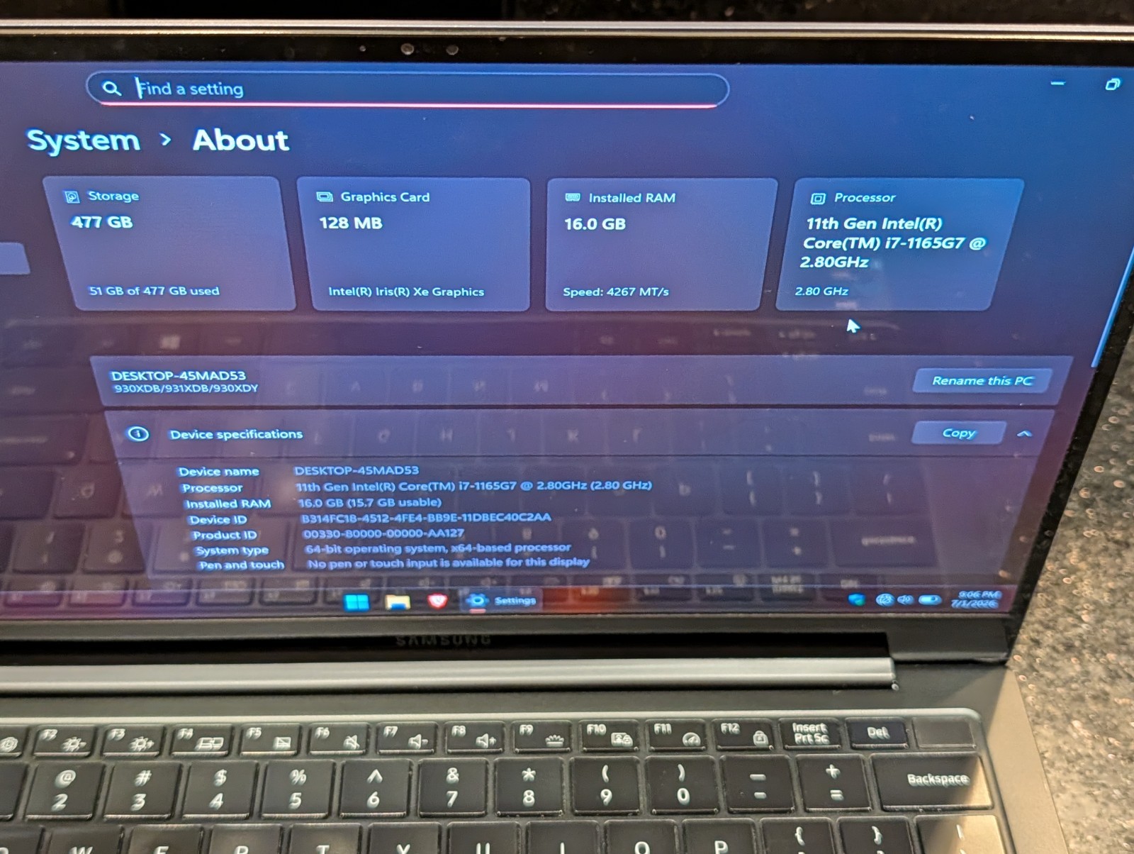Samsung Galaxy Book Pro Intel i7-1165G7 2.80GHz 16GB RAM 512GB Win 11 Pro Blue