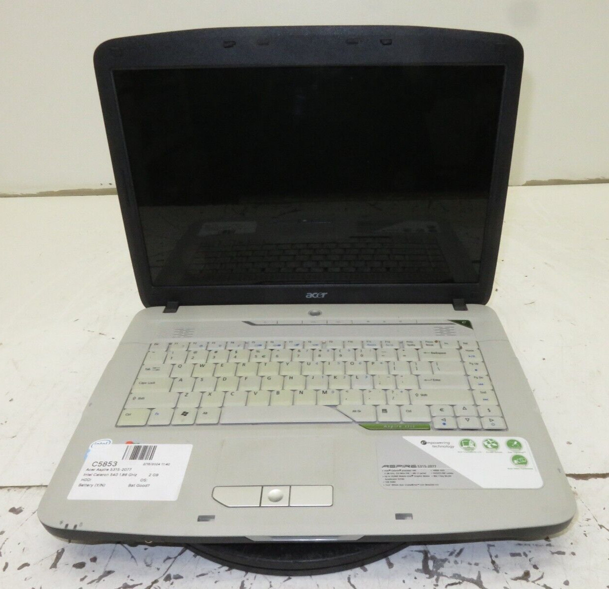 Acer Aspire 5315-2077 Laptop Intel Celeron 540 2GB Ram No HDD or Battery