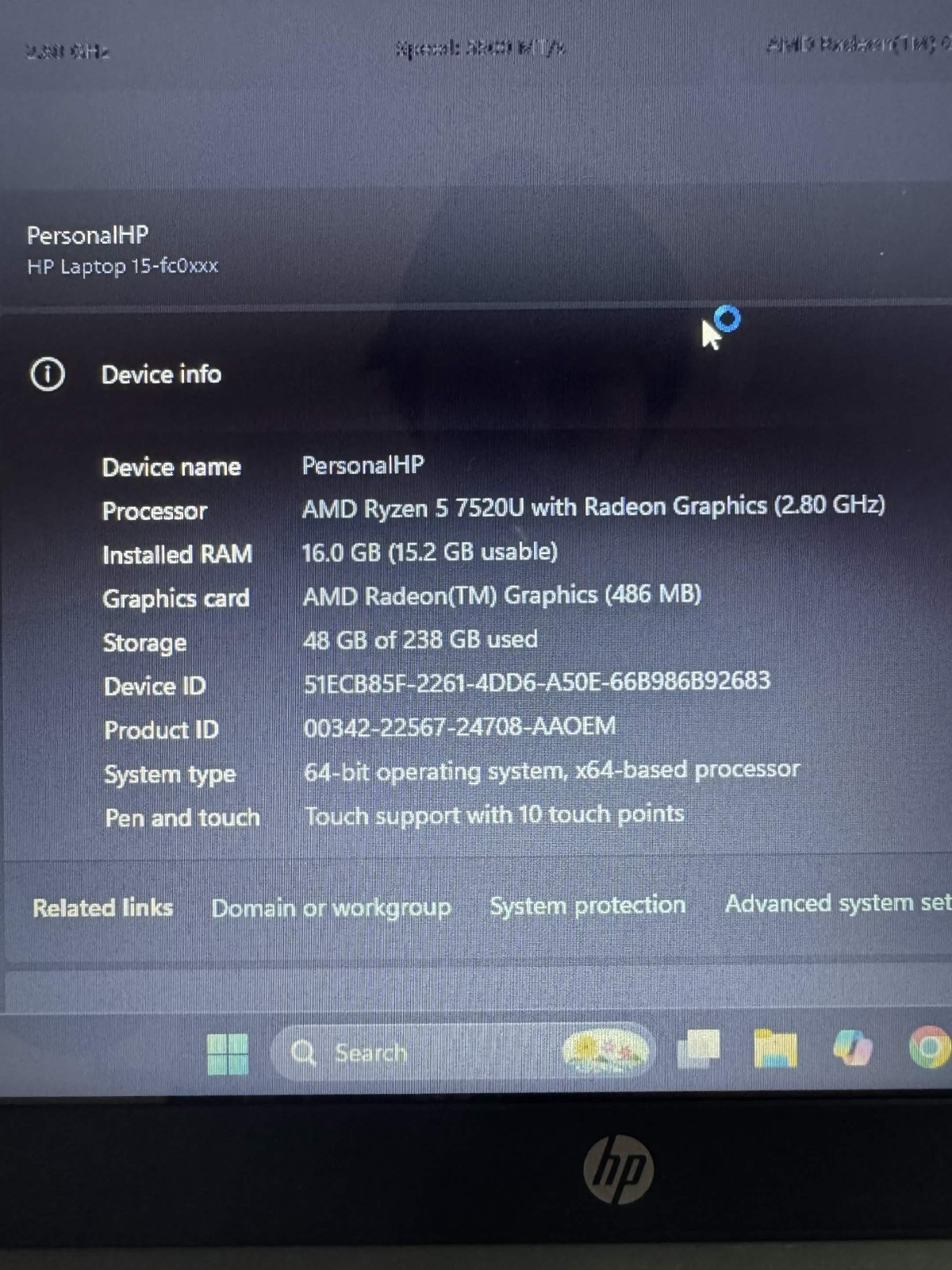 HP 15-fc0245dx 15.6″ Touchscreen AMD Ryzen 5 7520U 2.8GHz 16GB 256G