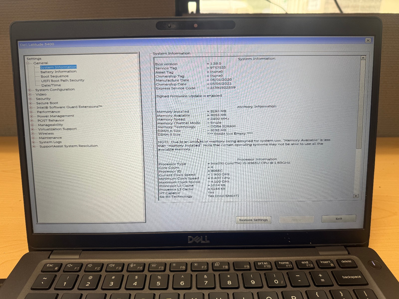 Dell Latitude 5400 Intel i5-8365U 8GB RAM- No Battery/SSD/OS/AC