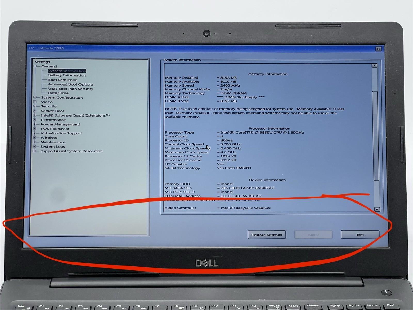 Dell Latitude 3590, i7-8550U CPU, @ 1.80GHz, 8GB RAM, 256GB SSD-No OS/Charger