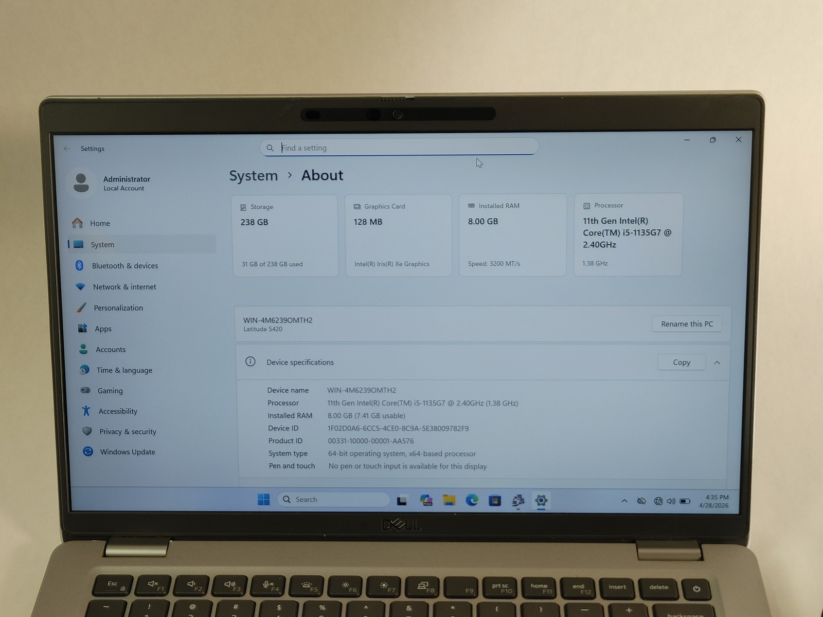 Dell Latitude 5420 Core i5-1135G7 2.40 GHz 8 GB DDR4 256 GB NVMe Windows 11 Pro