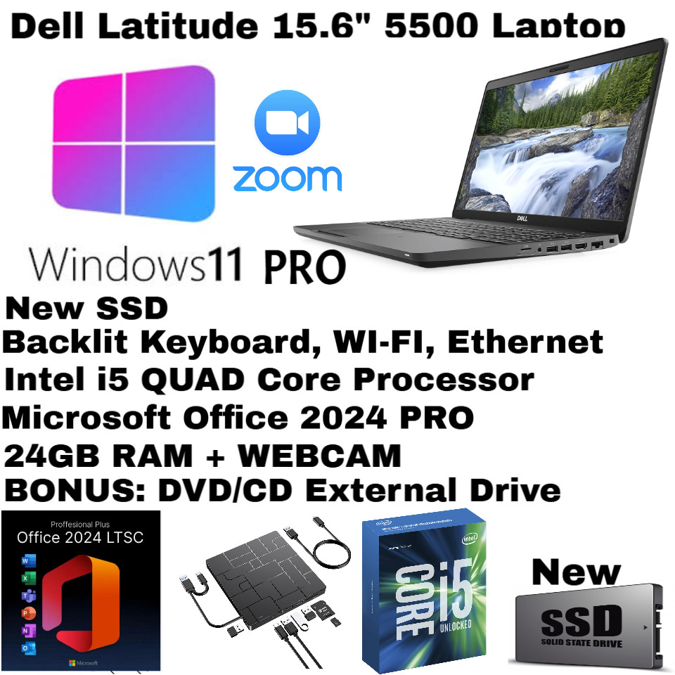 Dell 5500_Windows 11 PRO💻New 2TB SSD_24GB💻Webcam💥Backlit 💥+ Office 2024 PRO