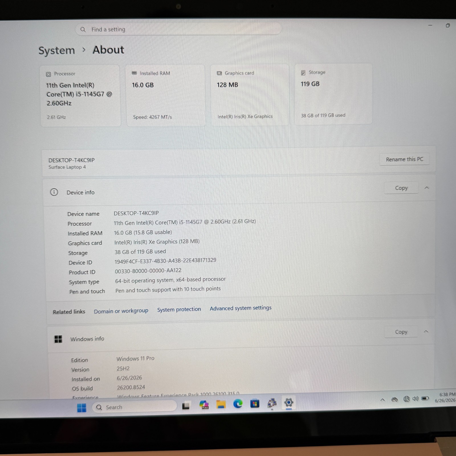 Microsoft Surface Laptop 4 1951 13.5″ i5-1145G7 16GB 256GB SSD Win11 Pro Dent
