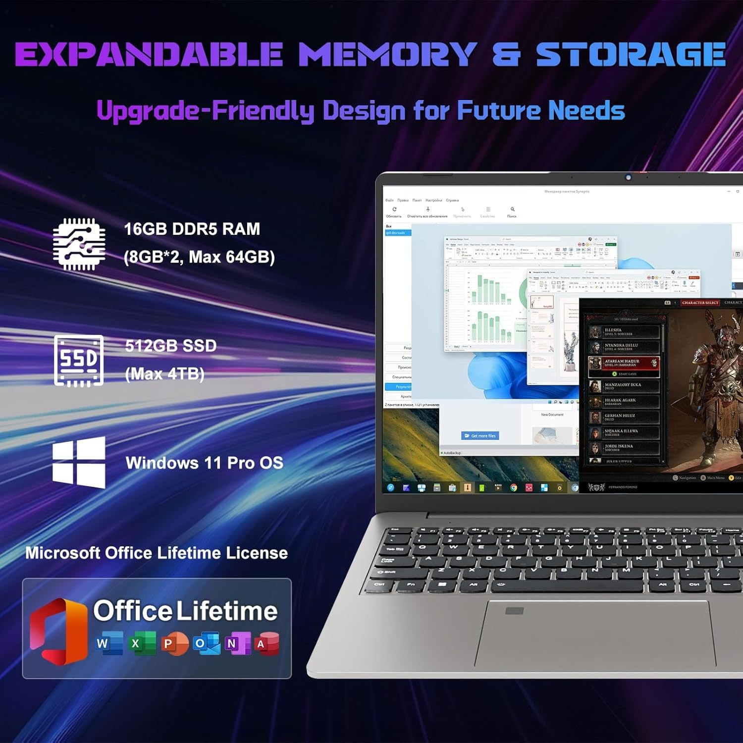 Gaming Laptop 16GB DDR5 512GB SSD 16″ AMD Ryzen7 Win11 Pro Backlit