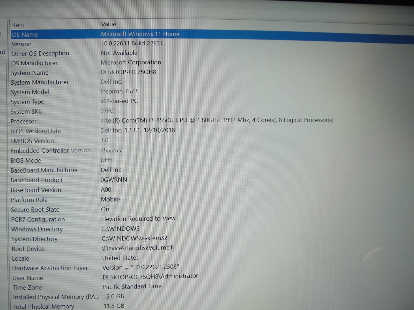Dell Inspiron 7573 15.6″ i7-8550U 1.8GHz 12GB 2TB HDD FHD Touch Win11 Home