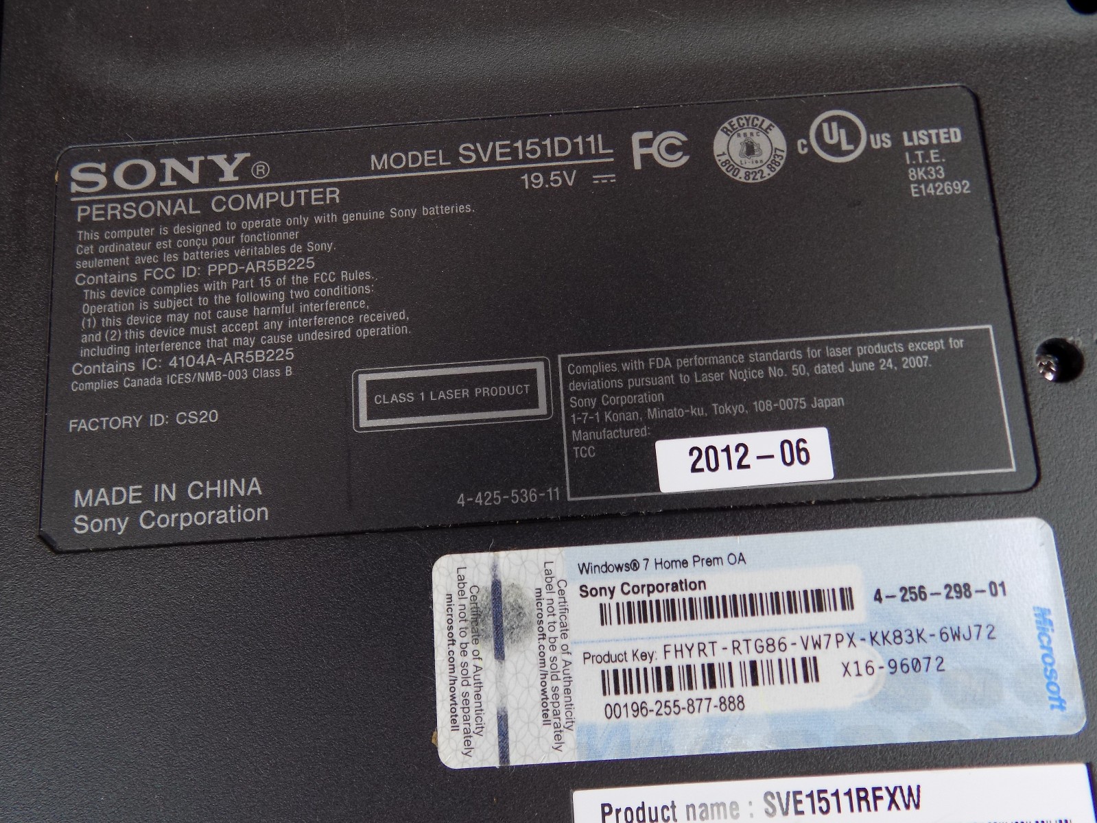 White Sony Vaio E Series Laptop PC SVE151D11L, Power Supply – Works