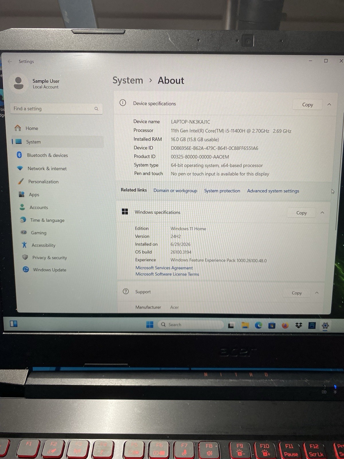 ACER NITRO 5 N20C1 16GB RAM i5-11400h 11th GEN GEFORCE GTX 1650