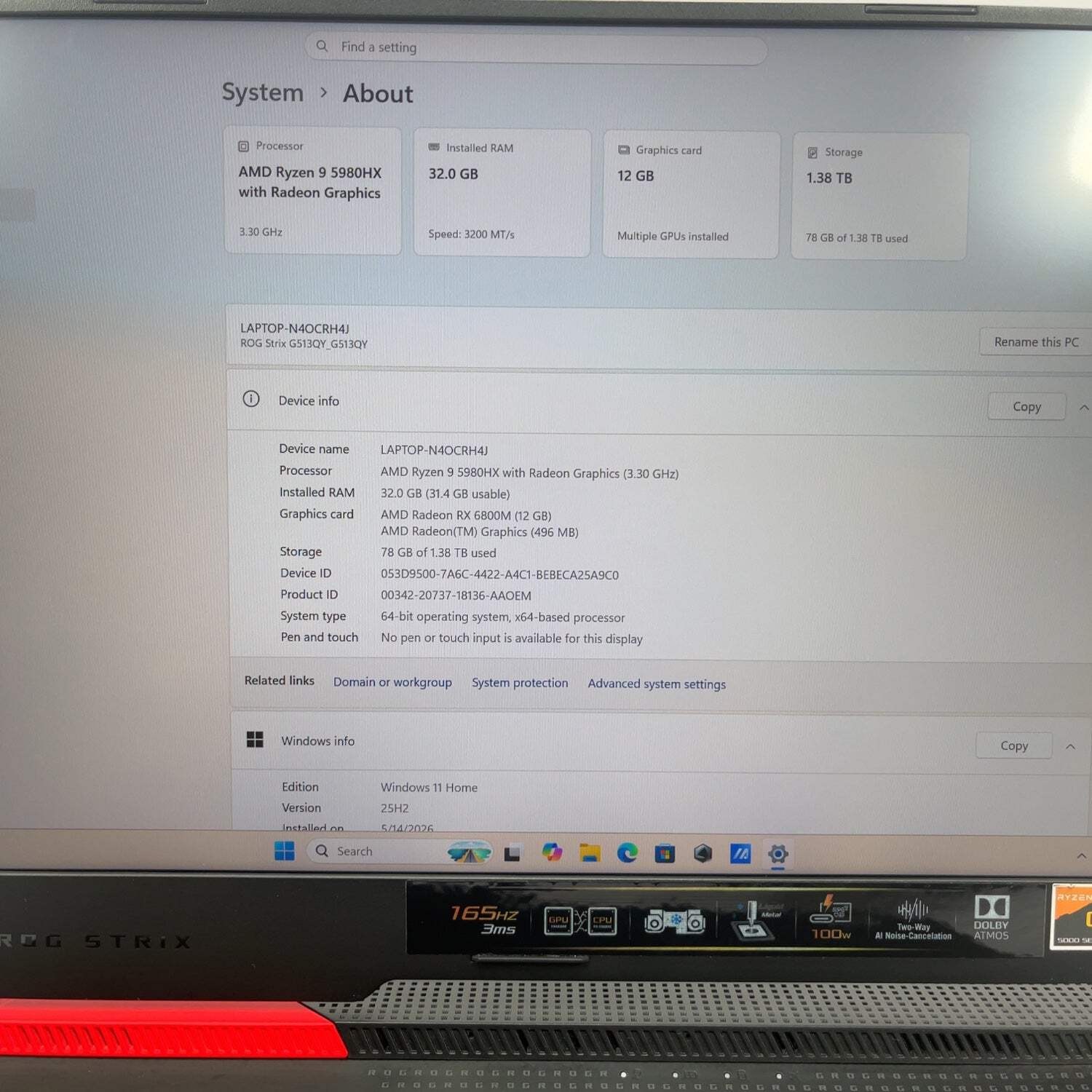Asus ROG Strix G15 15.6″ Ryzen 9 5980HX 32GB RAM 512GB SSD AMD Radeon RX 6800M