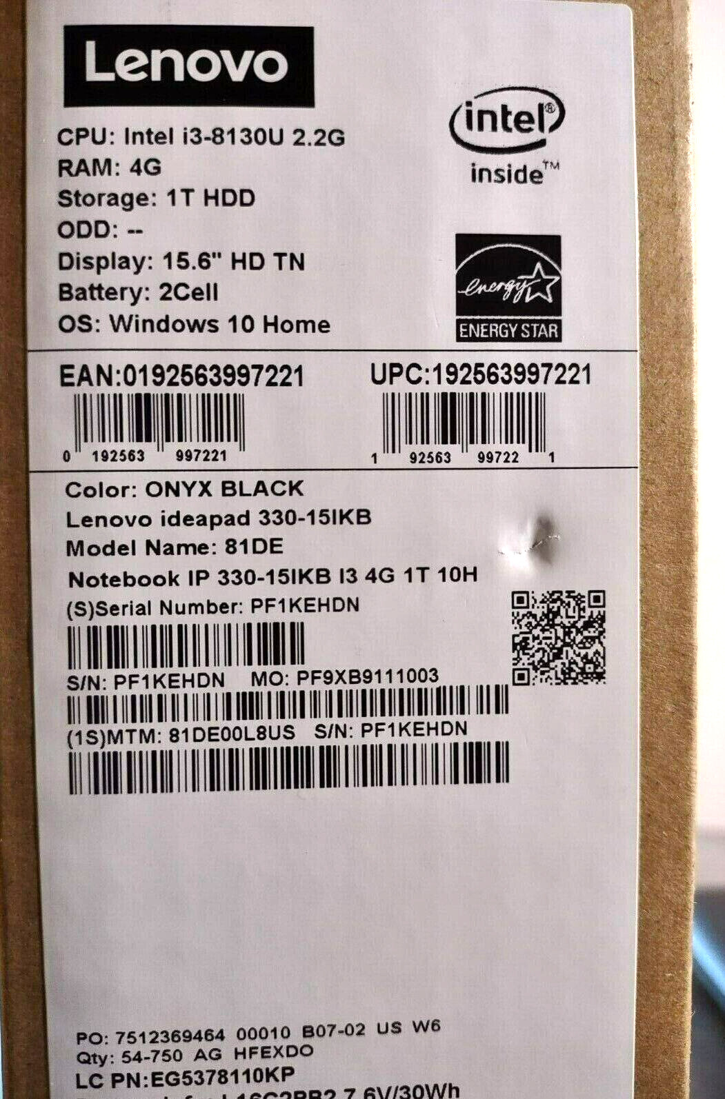 Lenovo IdeaPad 330 15.6 inch (1TB, Intel Core i3 8th Gen., 2.20GHz, 4GB) Laptop