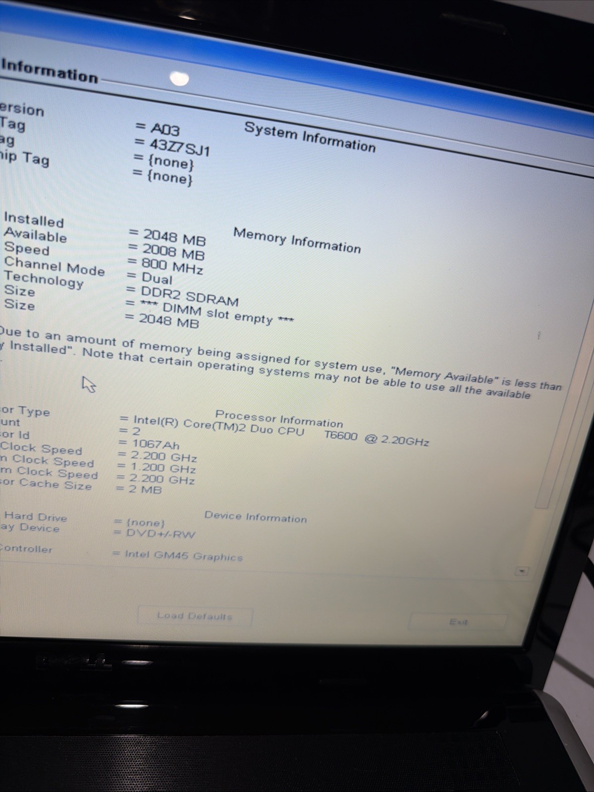 Dell Inspiron 1750 17″ Laptop Core 2 Duo T6600 2gb Ram NO Drives Boots Bios