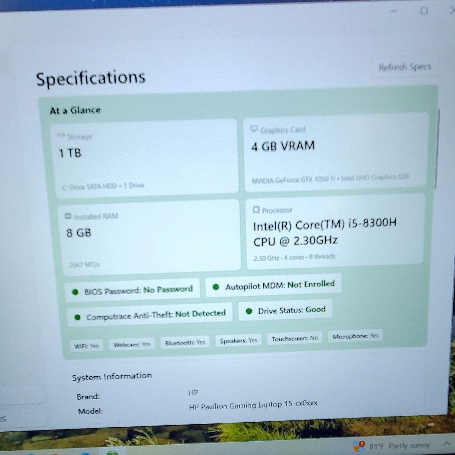 HP Pavilion Gaming 15.6″ i5-8300H 2.3GHz 8GB RAM 1TB HDD GeForce GTX 1050Ti READ