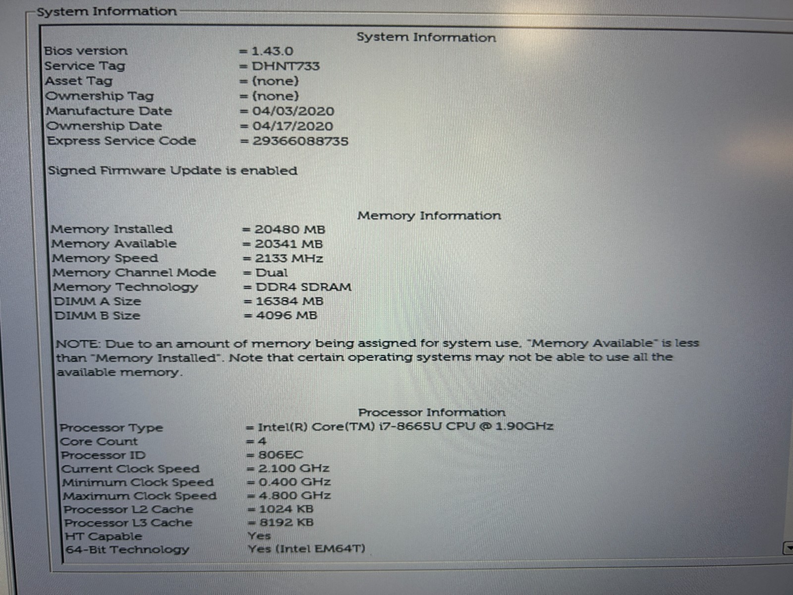 DELL LATITUDE 7400, Intel Core i7-8665U, 1.90 GHz, 20 GB RAM, 256 GB M.2
