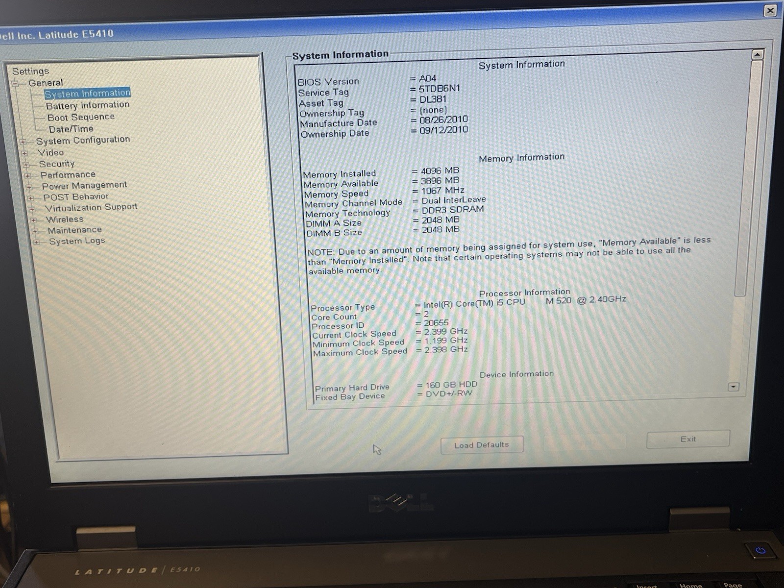 Dell Latitude E5410 i5 M 520 2.40GHz 4GB RAM 160GB HDD NO OS