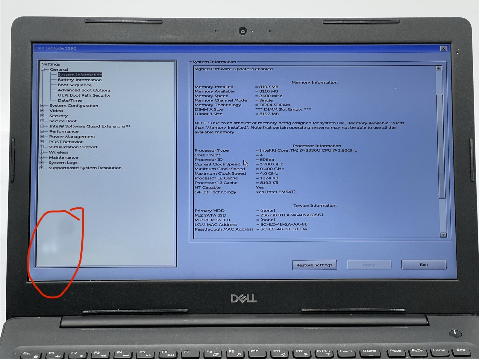Dell Latitude 3590, i7-8550U CPU, @ 1.80GHz, 8GB RAM, 256GB SSD-No OS/Charger