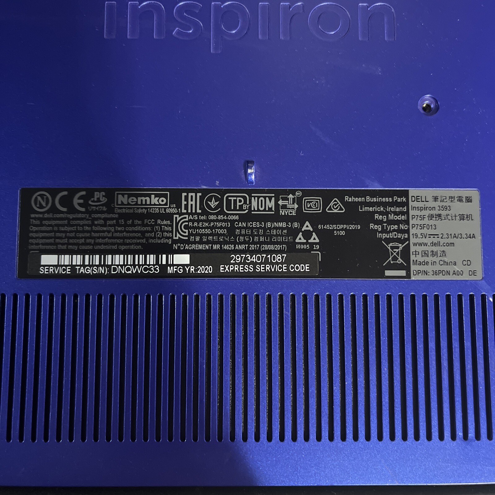 DELL INSPIRON 3593 INTEL CORE I5-1035G1 4GB RAM NO HD
